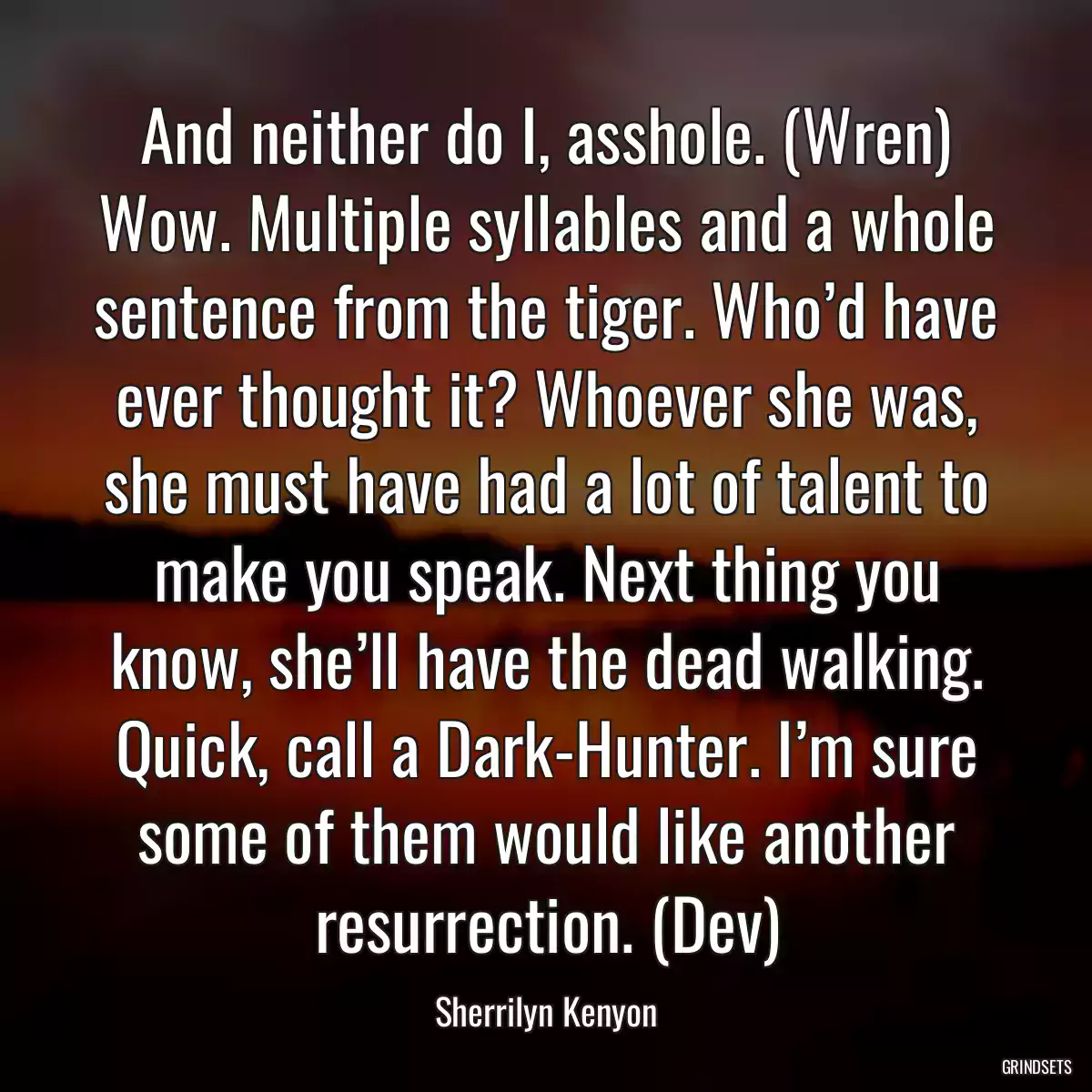 And neither do I, asshole. (Wren) Wow. Multiple syllables and a whole sentence from the tiger. Who’d have ever thought it? Whoever she was, she must have had a lot of talent to make you speak. Next thing you know, she’ll have the dead walking. Quick, call a Dark-Hunter. I’m sure some of them would like another resurrection. (Dev)