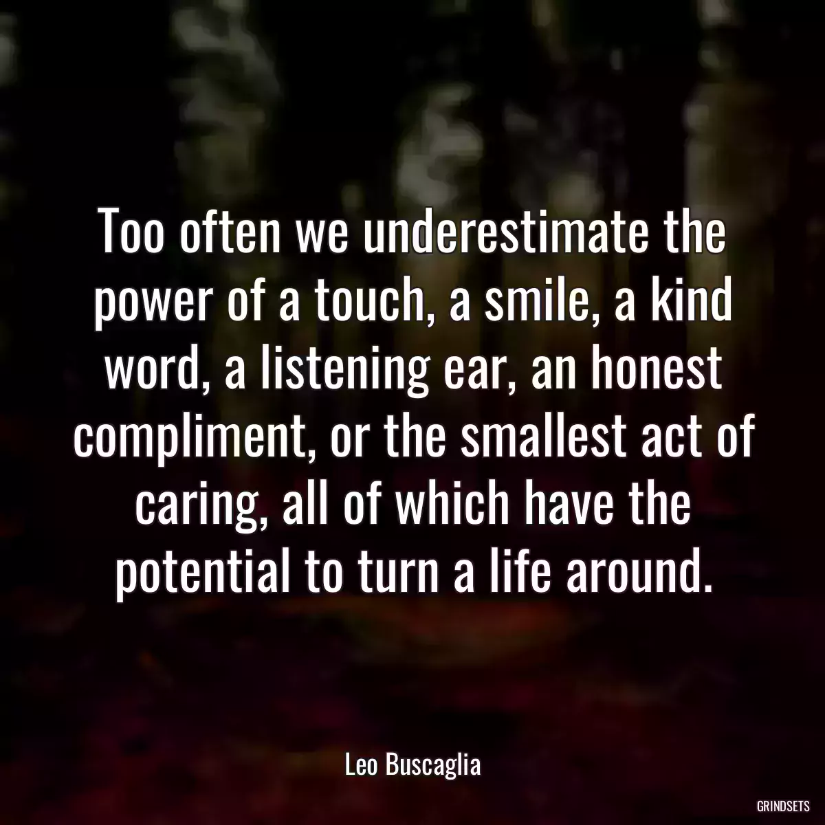 Too often we underestimate the power of a touch, a smile, a kind word, a listening ear, an honest compliment, or the smallest act of caring, all of which have the potential to turn a life around.