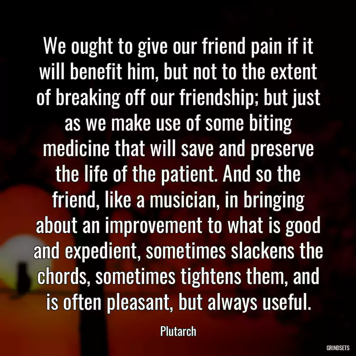 We ought to give our friend pain if it will benefit him, but not to the extent of breaking off our friendship; but just as we make use of some biting medicine that will save and preserve the life of the patient. And so the friend, like a musician, in bringing about an improvement to what is good and expedient, sometimes slackens the chords, sometimes tightens them, and is often pleasant, but always useful.