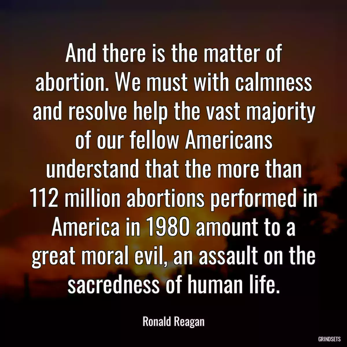 And there is the matter of abortion. We must with calmness and resolve help the vast majority of our fellow Americans understand that the more than 112 million abortions performed in America in 1980 amount to a great moral evil, an assault on the sacredness of human life.