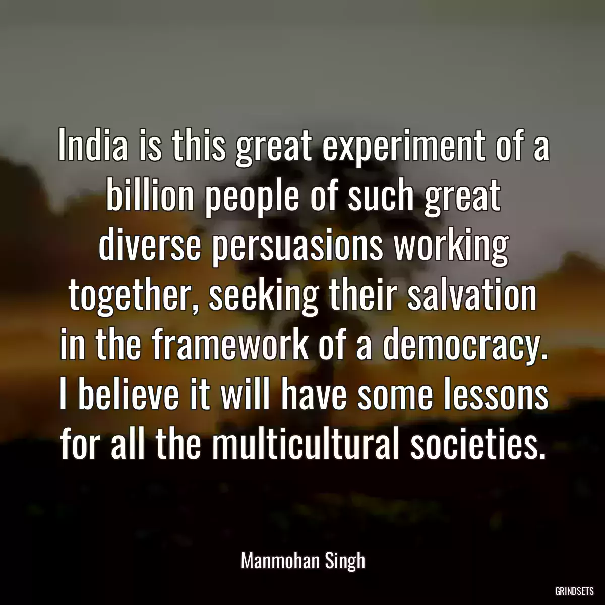 India is this great experiment of a billion people of such great diverse persuasions working together, seeking their salvation in the framework of a democracy. I believe it will have some lessons for all the multicultural societies.