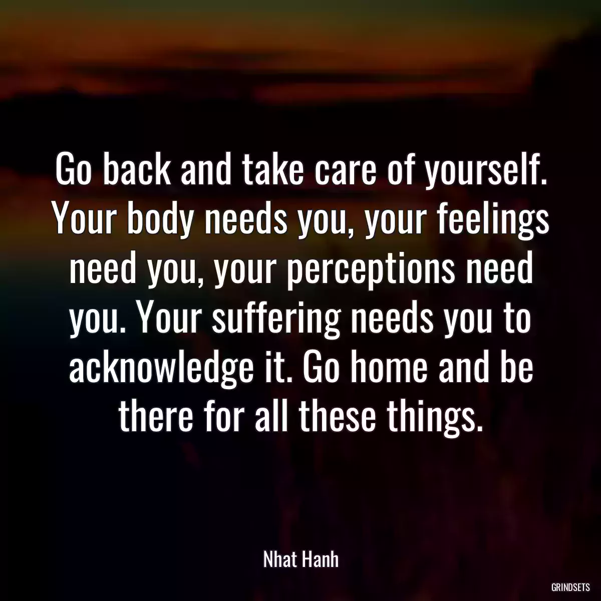 Go back and take care of yourself. Your body needs you, your feelings need you, your perceptions need you. Your suffering needs you to acknowledge it. Go home and be there for all these things.