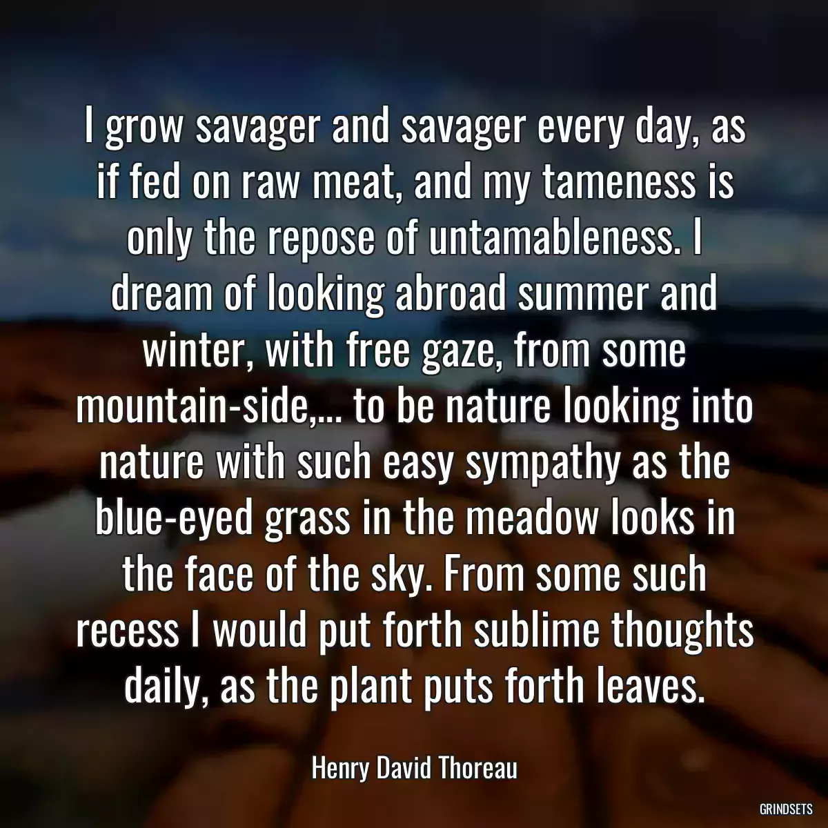 I grow savager and savager every day, as if fed on raw meat, and my tameness is only the repose of untamableness. I dream of looking abroad summer and winter, with free gaze, from some mountain-side,... to be nature looking into nature with such easy sympathy as the blue-eyed grass in the meadow looks in the face of the sky. From some such recess I would put forth sublime thoughts daily, as the plant puts forth leaves.