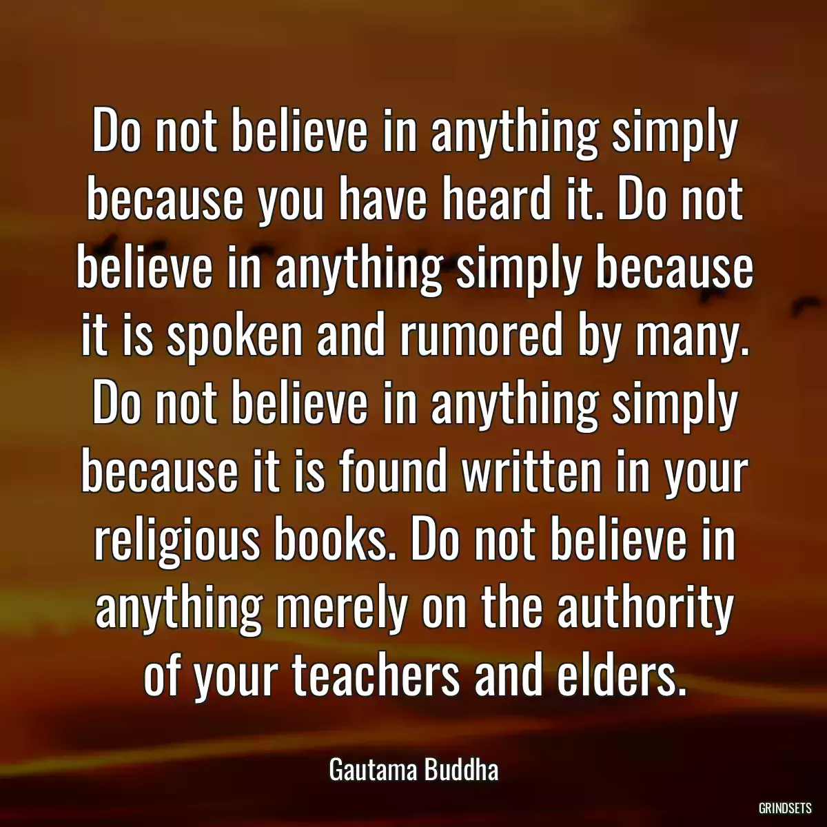 Do not believe in anything simply because you have heard it. Do not believe in anything simply because it is spoken and rumored by many. Do not believe in anything simply because it is found written in your religious books. Do not believe in anything merely on the authority of your teachers and elders.