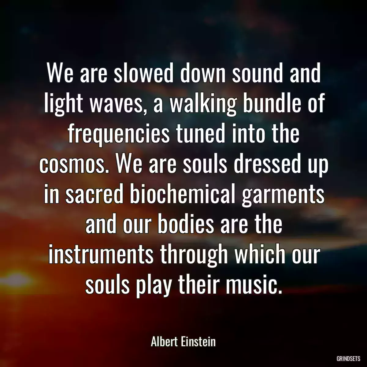 We are slowed down sound and light waves, a walking bundle of frequencies tuned into the cosmos. We are souls dressed up in sacred biochemical garments and our bodies are the instruments through which our souls play their music.