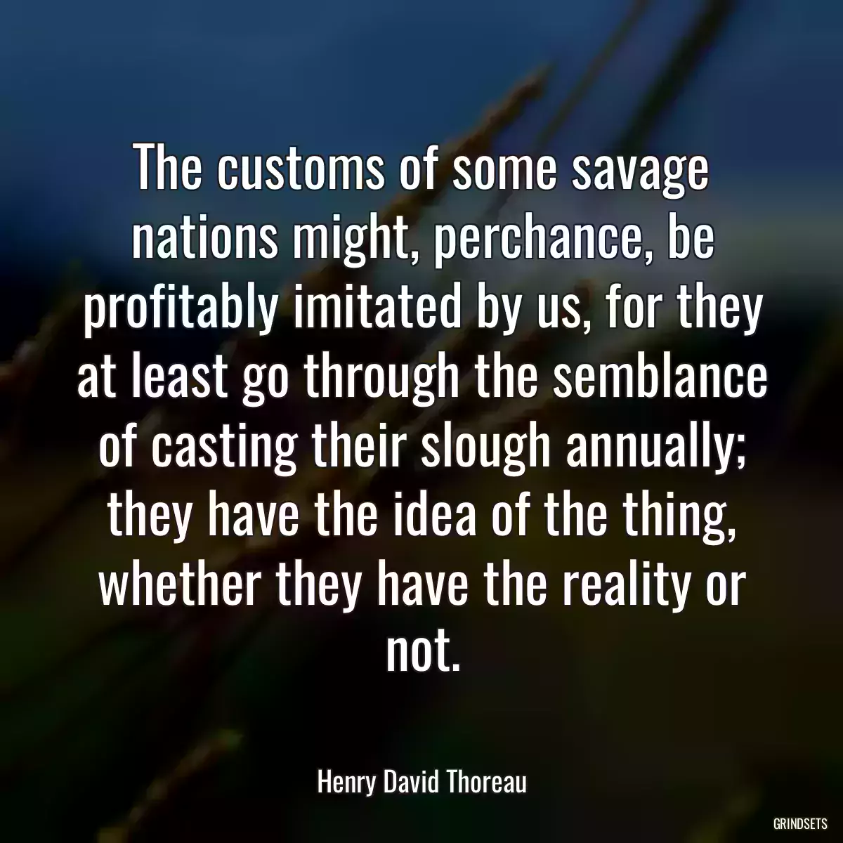 The customs of some savage nations might, perchance, be profitably imitated by us, for they at least go through the semblance of casting their slough annually; they have the idea of the thing, whether they have the reality or not.