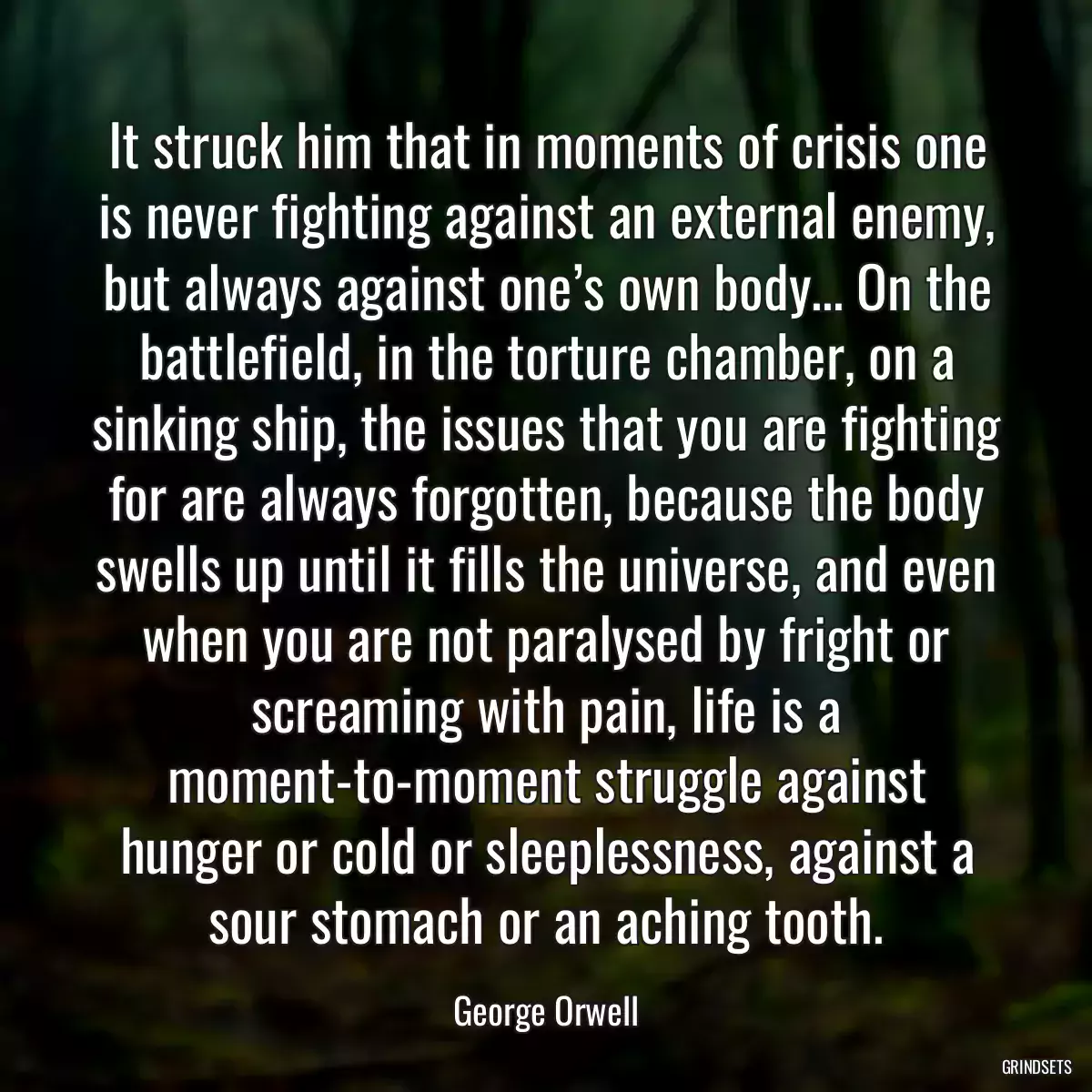 It struck him that in moments of crisis one is never fighting against an external enemy, but always against one’s own body... On the battlefield, in the torture chamber, on a sinking ship, the issues that you are fighting for are always forgotten, because the body swells up until it fills the universe, and even when you are not paralysed by fright or screaming with pain, life is a moment-to-moment struggle against hunger or cold or sleeplessness, against a sour stomach or an aching tooth.