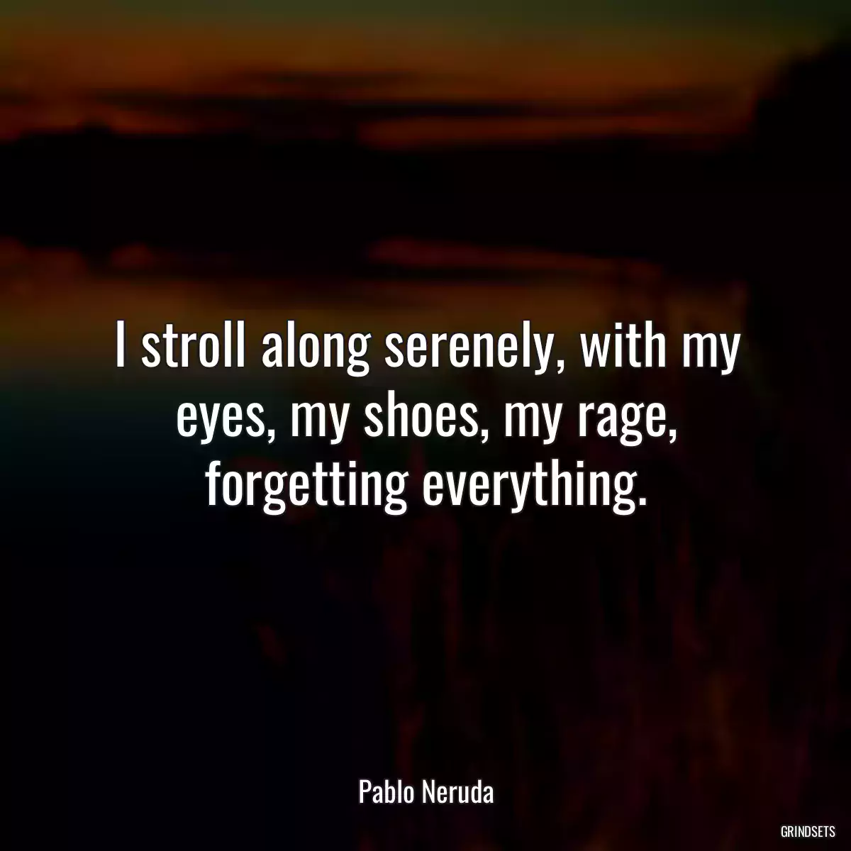 I stroll along serenely, with my eyes, my shoes, my rage, forgetting everything.