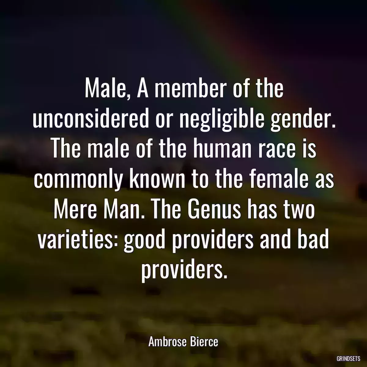 Male, A member of the unconsidered or negligible gender. The male of the human race is commonly known to the female as Mere Man. The Genus has two varieties: good providers and bad providers.