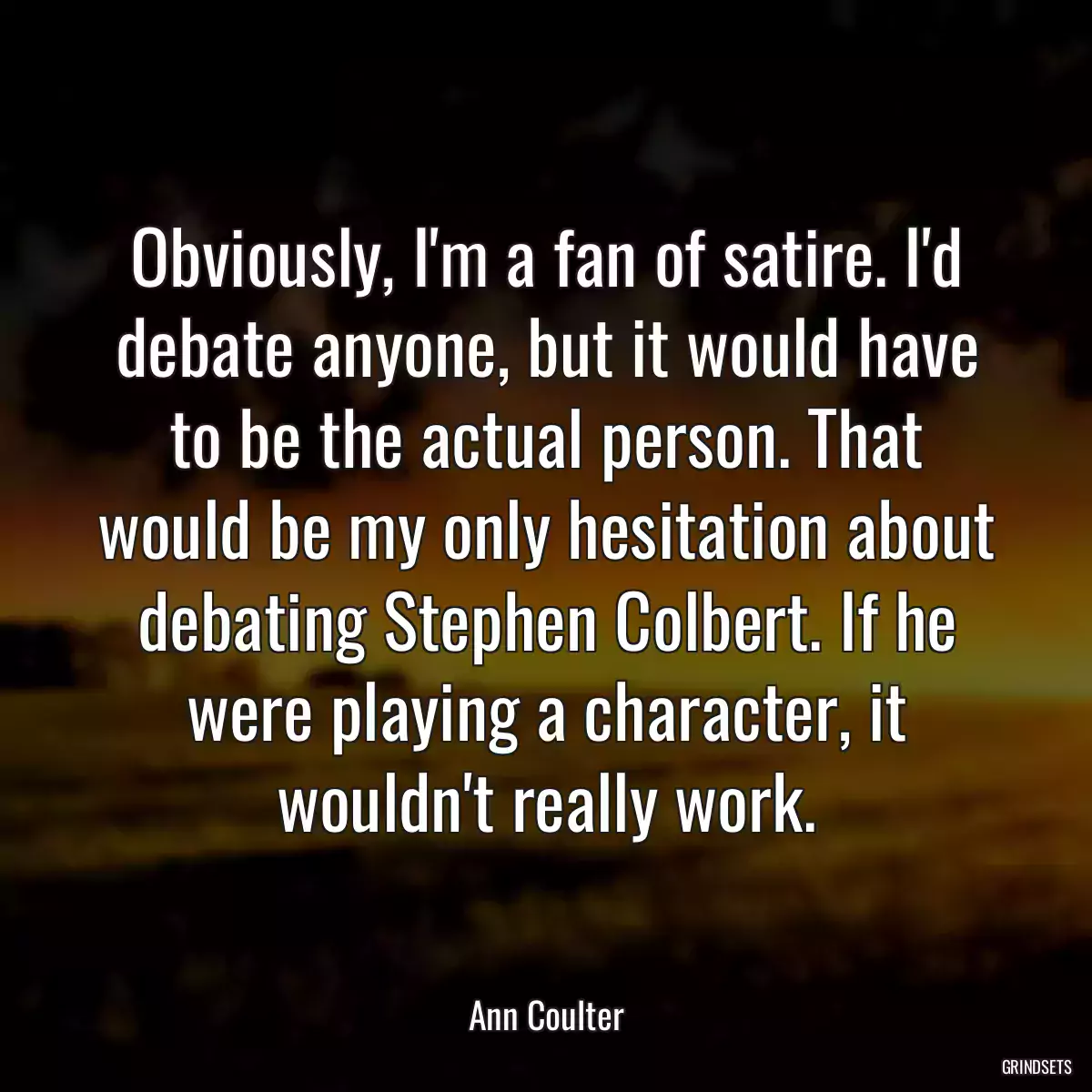 Obviously, I\'m a fan of satire. I\'d debate anyone, but it would have to be the actual person. That would be my only hesitation about debating Stephen Colbert. If he were playing a character, it wouldn\'t really work.