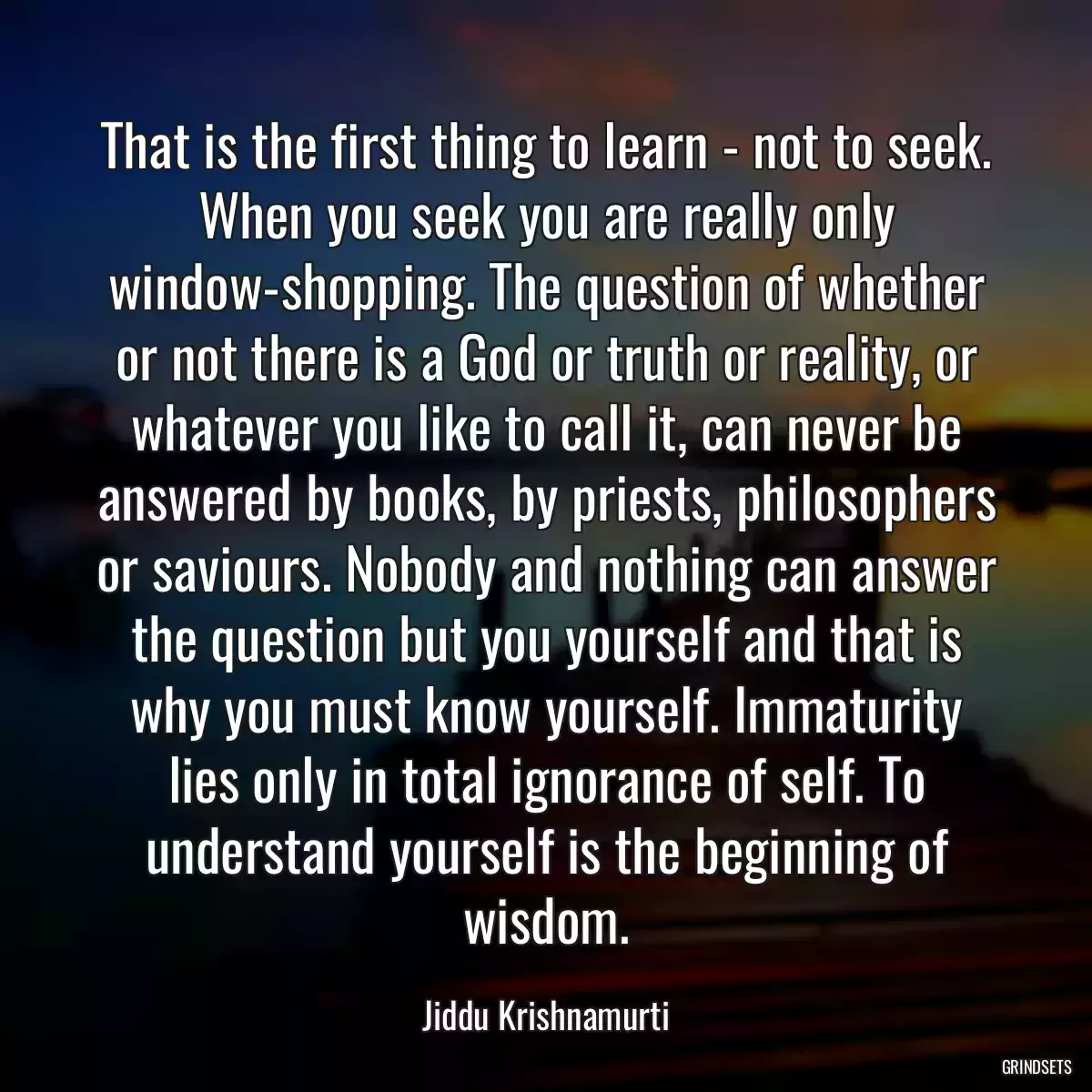 That is the first thing to learn - not to seek. When you seek you are really only window-shopping. The question of whether or not there is a God or truth or reality, or whatever you like to call it, can never be answered by books, by priests, philosophers or saviours. Nobody and nothing can answer the question but you yourself and that is why you must know yourself. Immaturity lies only in total ignorance of self. To understand yourself is the beginning of wisdom.