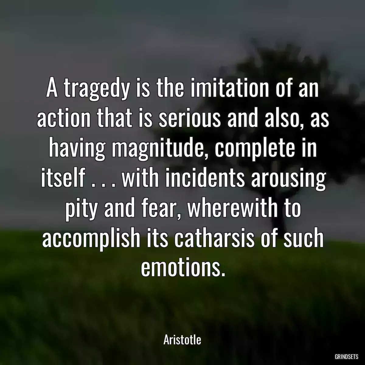 A tragedy is the imitation of an action that is serious and also, as having magnitude, complete in itself . . . with incidents arousing pity and fear, wherewith to accomplish its catharsis of such emotions.