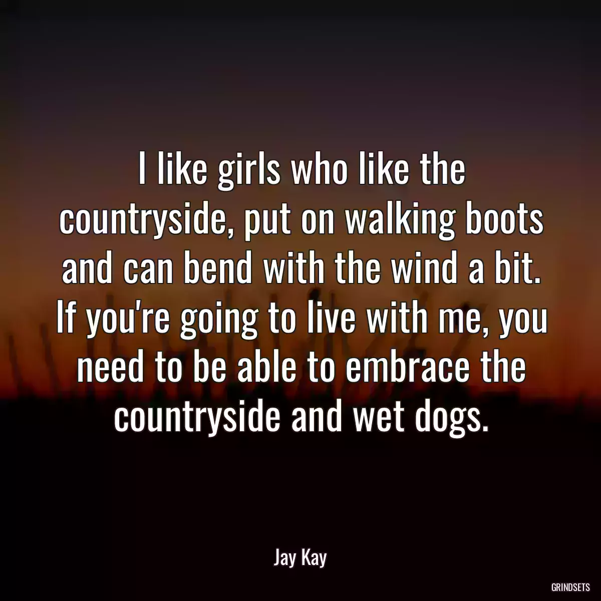 I like girls who like the countryside, put on walking boots and can bend with the wind a bit. If you\'re going to live with me, you need to be able to embrace the countryside and wet dogs.