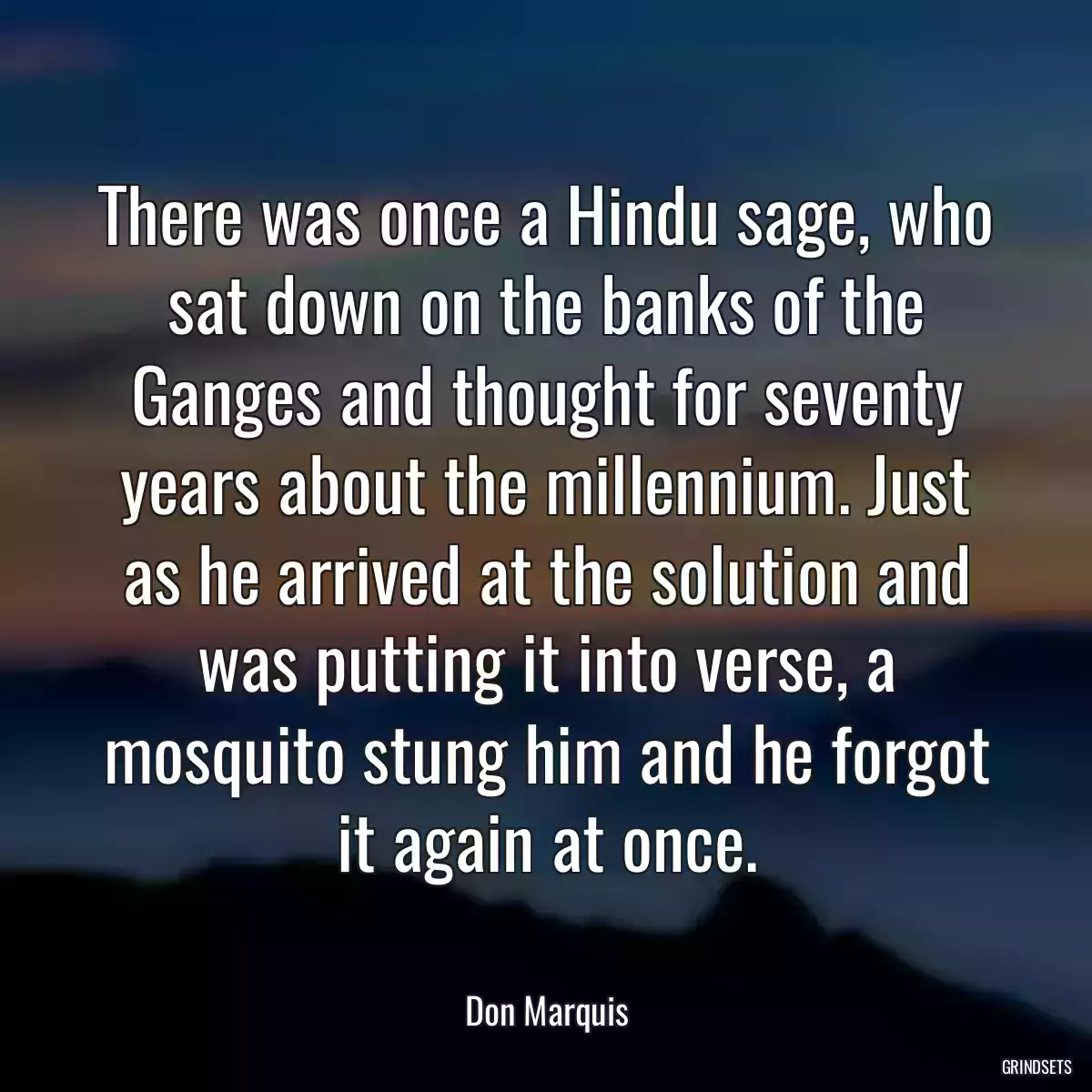 There was once a Hindu sage, who sat down on the banks of the Ganges and thought for seventy years about the millennium. Just as he arrived at the solution and was putting it into verse, a mosquito stung him and he forgot it again at once.