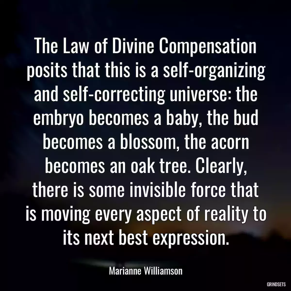 The Law of Divine Compensation posits that this is a self-organizing and self-correcting universe: the embryo becomes a baby, the bud becomes a blossom, the acorn becomes an oak tree. Clearly, there is some invisible force that is moving every aspect of reality to its next best expression.