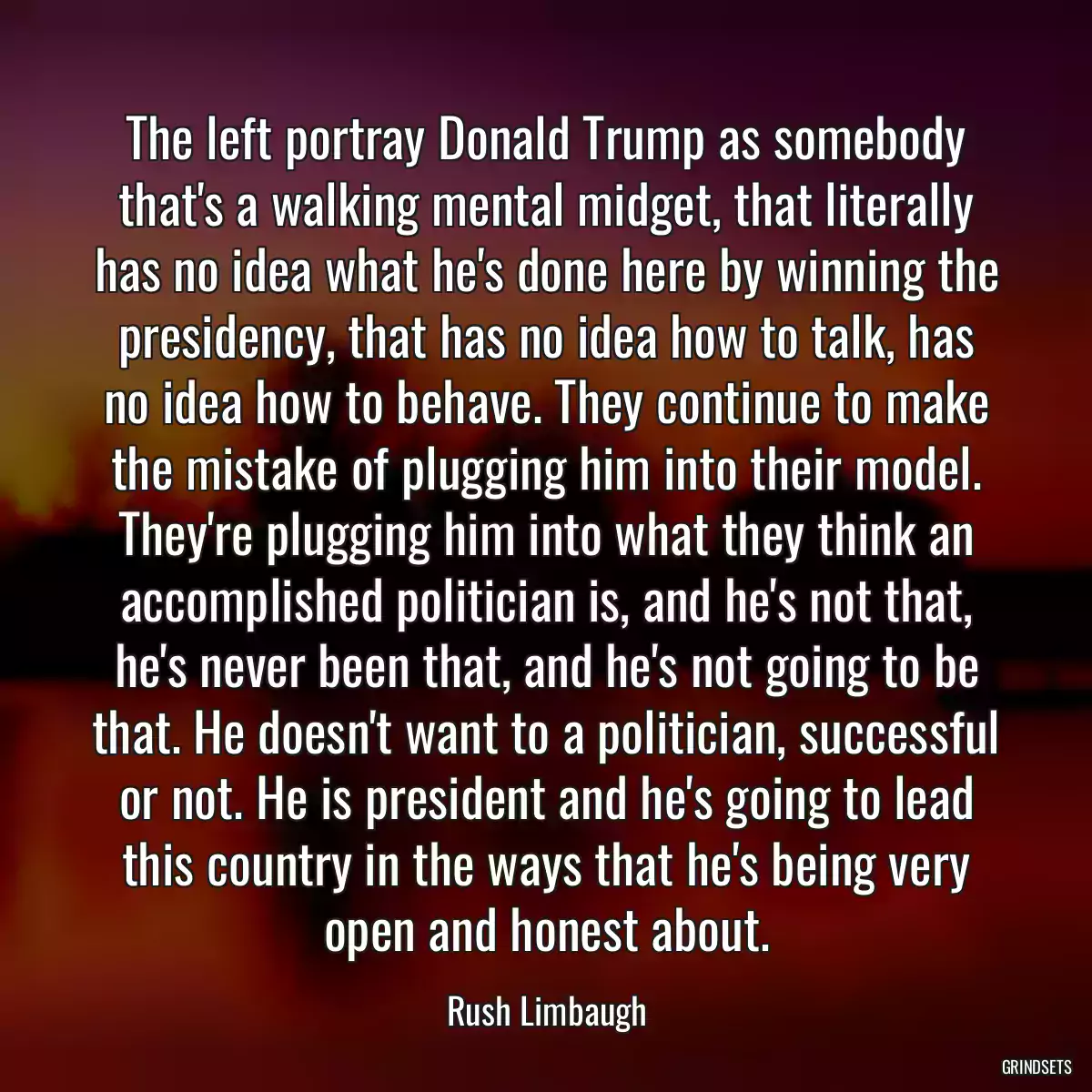 The left portray Donald Trump as somebody that\'s a walking mental midget, that literally has no idea what he\'s done here by winning the presidency, that has no idea how to talk, has no idea how to behave. They continue to make the mistake of plugging him into their model. They\'re plugging him into what they think an accomplished politician is, and he\'s not that, he\'s never been that, and he\'s not going to be that. He doesn\'t want to a politician, successful or not. He is president and he\'s going to lead this country in the ways that he\'s being very open and honest about.