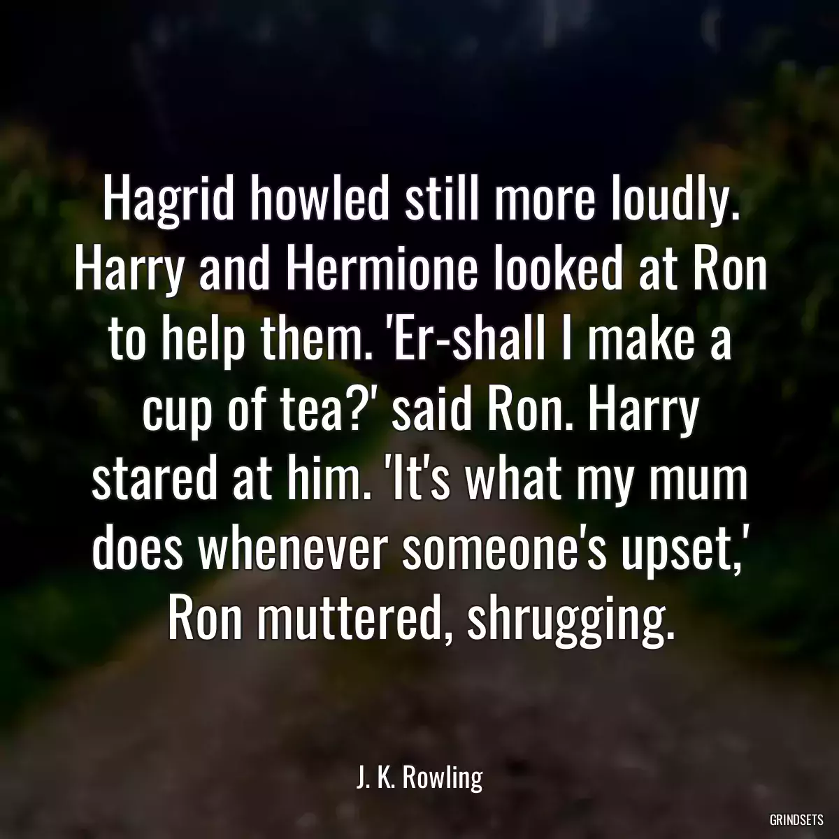 Hagrid howled still more loudly. Harry and Hermione looked at Ron to help them. \'Er-shall I make a cup of tea?\' said Ron. Harry stared at him. \'It\'s what my mum does whenever someone\'s upset,\' Ron muttered, shrugging.