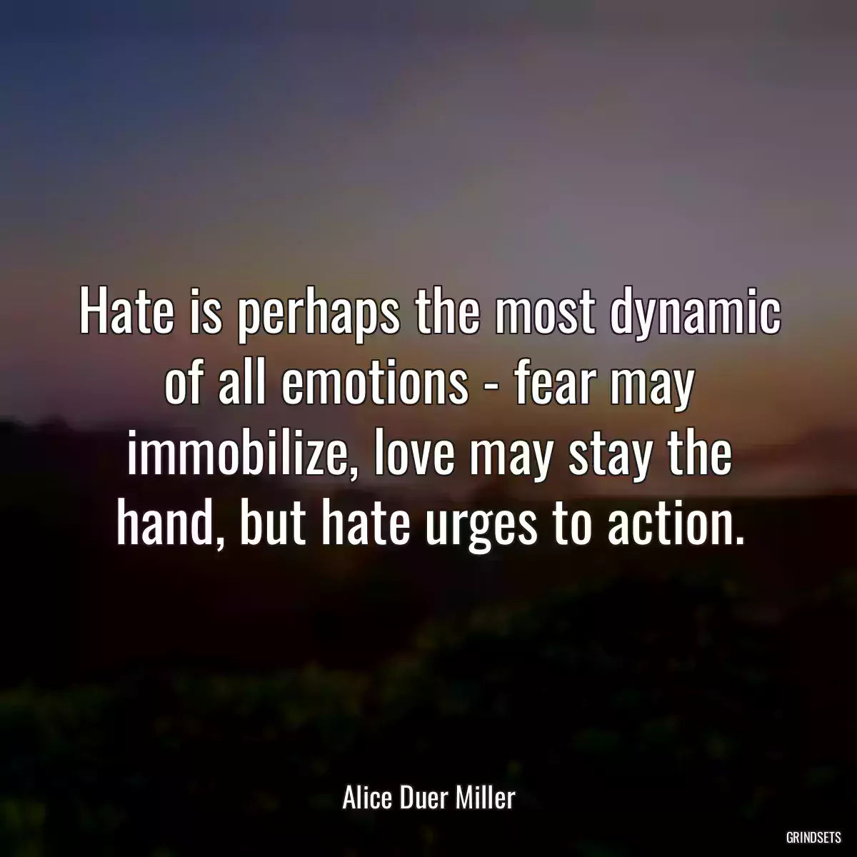 Hate is perhaps the most dynamic of all emotions - fear may immobilize, love may stay the hand, but hate urges to action.