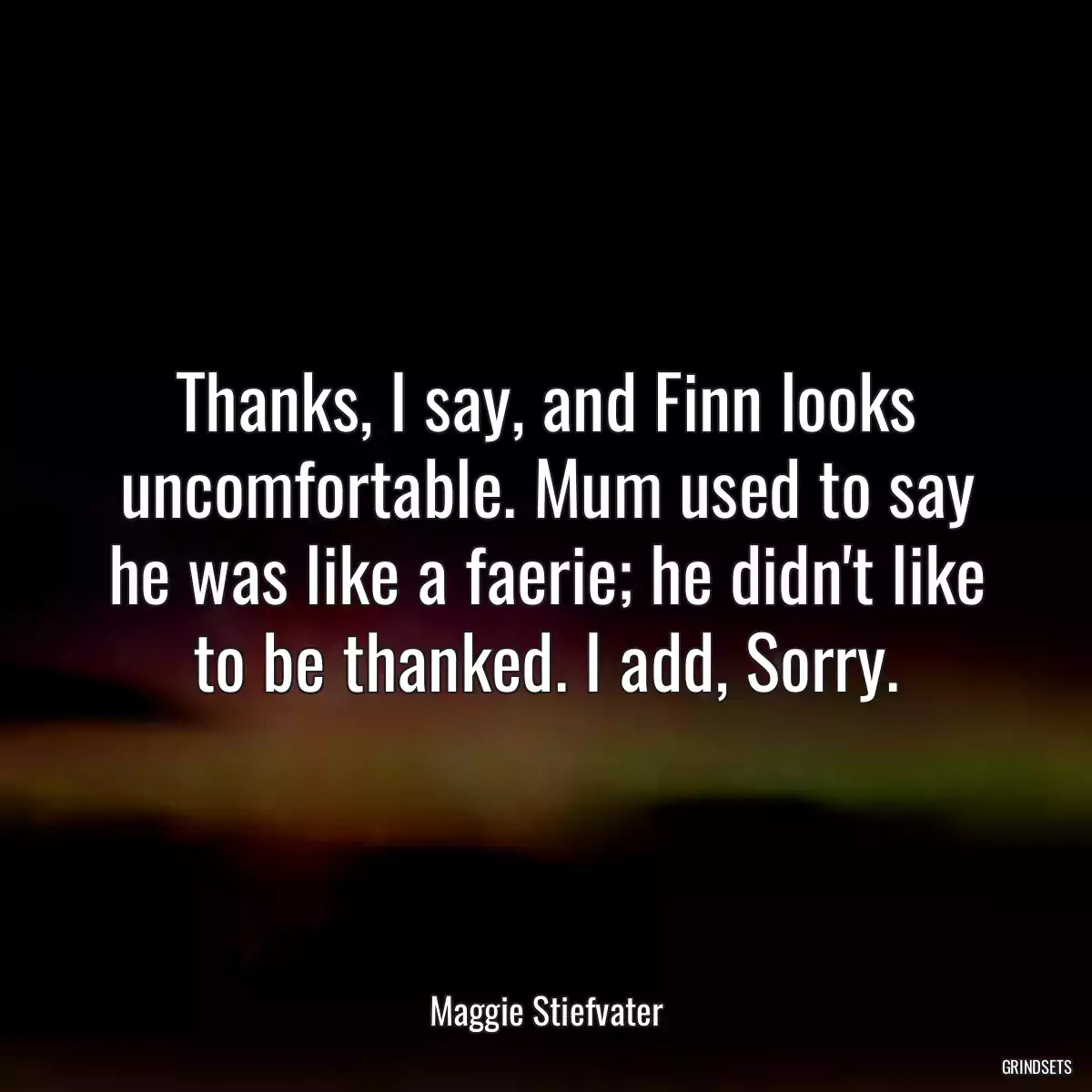 Thanks, I say, and Finn looks uncomfortable. Mum used to say he was like a faerie; he didn\'t like to be thanked. I add, Sorry.