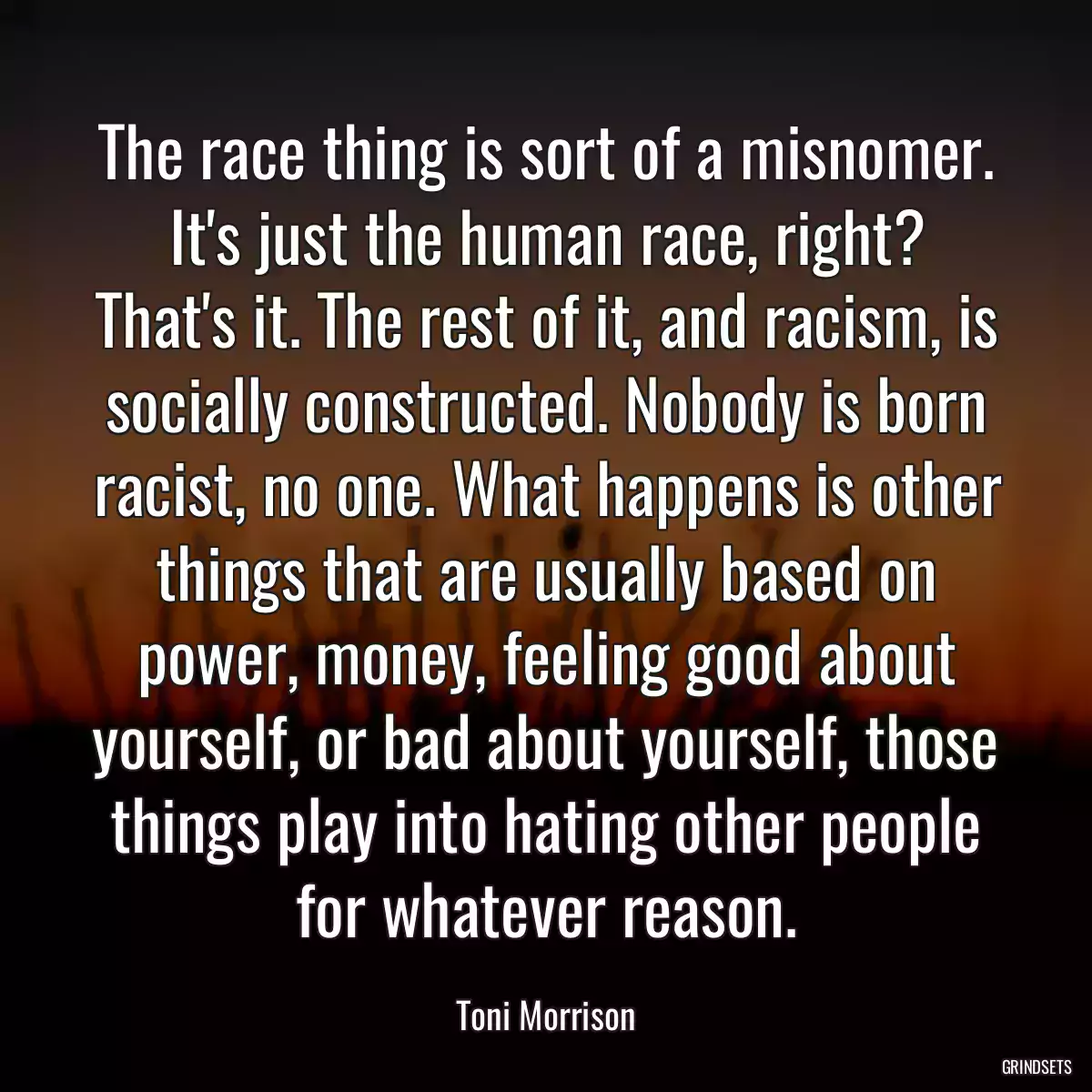 The race thing is sort of a misnomer. It\'s just the human race, right? That\'s it. The rest of it, and racism, is socially constructed. Nobody is born racist, no one. What happens is other things that are usually based on power, money, feeling good about yourself, or bad about yourself, those things play into hating other people for whatever reason.