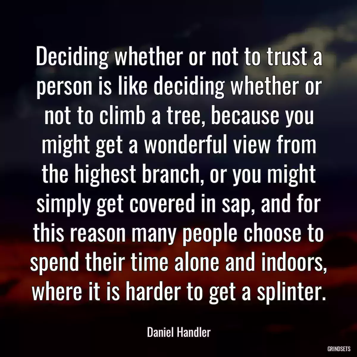 Deciding whether or not to trust a person is like deciding whether or not to climb a tree, because you might get a wonderful view from the highest branch, or you might simply get covered in sap, and for this reason many people choose to spend their time alone and indoors, where it is harder to get a splinter.