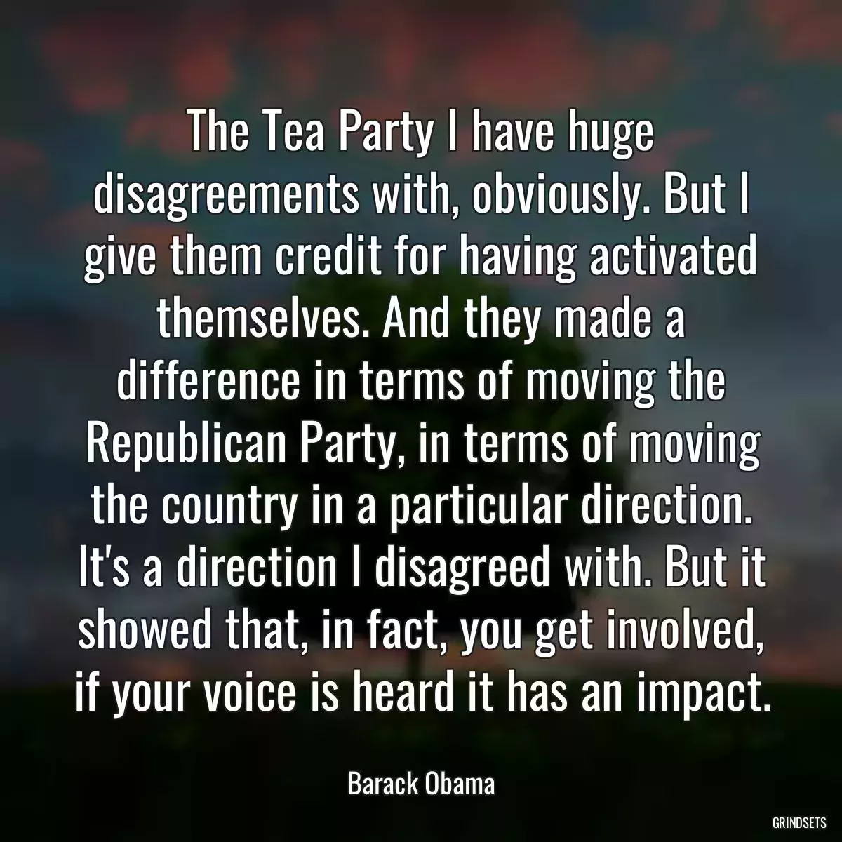 The Tea Party I have huge disagreements with, obviously. But I give them credit for having activated themselves. And they made a difference in terms of moving the Republican Party, in terms of moving the country in a particular direction. It\'s a direction I disagreed with. But it showed that, in fact, you get involved, if your voice is heard it has an impact.