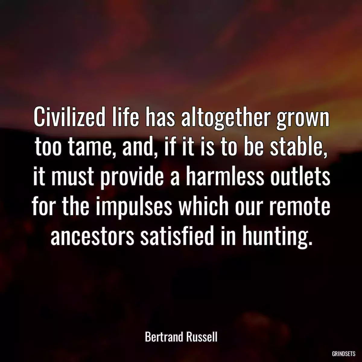 Civilized life has altogether grown too tame, and, if it is to be stable, it must provide a harmless outlets for the impulses which our remote ancestors satisfied in hunting.