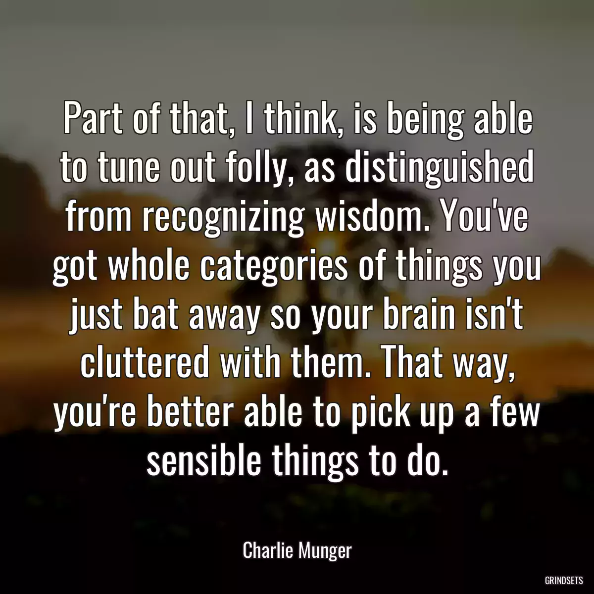 Part of that, I think, is being able to tune out folly, as distinguished from recognizing wisdom. You\'ve got whole categories of things you just bat away so your brain isn\'t cluttered with them. That way, you\'re better able to pick up a few sensible things to do.