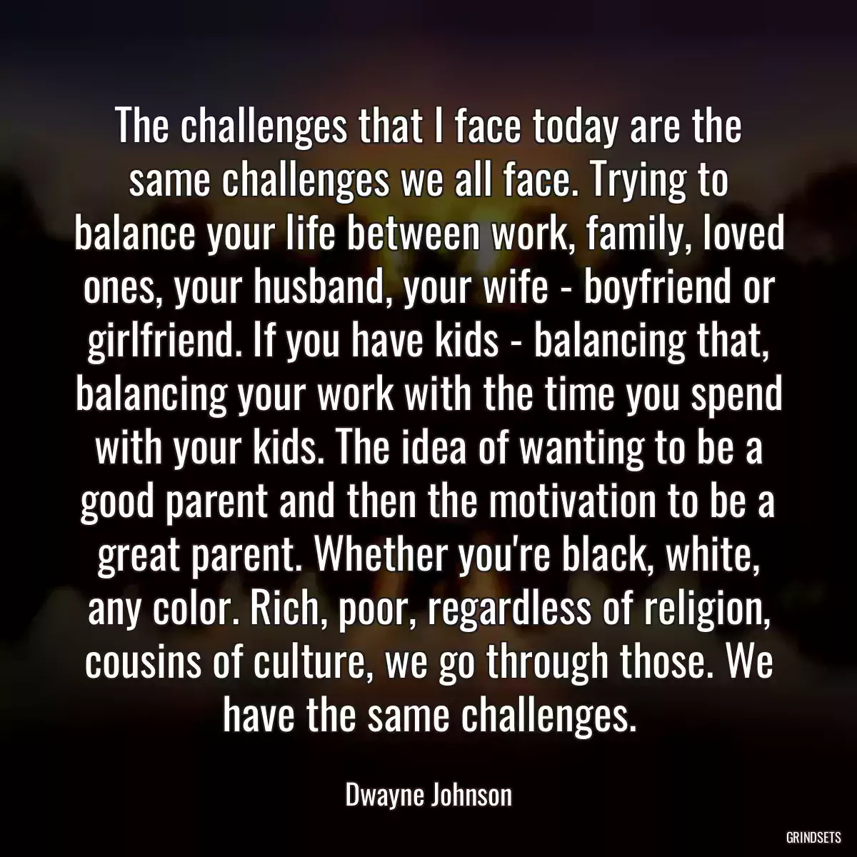 The challenges that I face today are the same challenges we all face. Trying to balance your life between work, family, loved ones, your husband, your wife - boyfriend or girlfriend. If you have kids - balancing that, balancing your work with the time you spend with your kids. The idea of wanting to be a good parent and then the motivation to be a great parent. Whether you\'re black, white, any color. Rich, poor, regardless of religion, cousins of culture, we go through those. We have the same challenges.