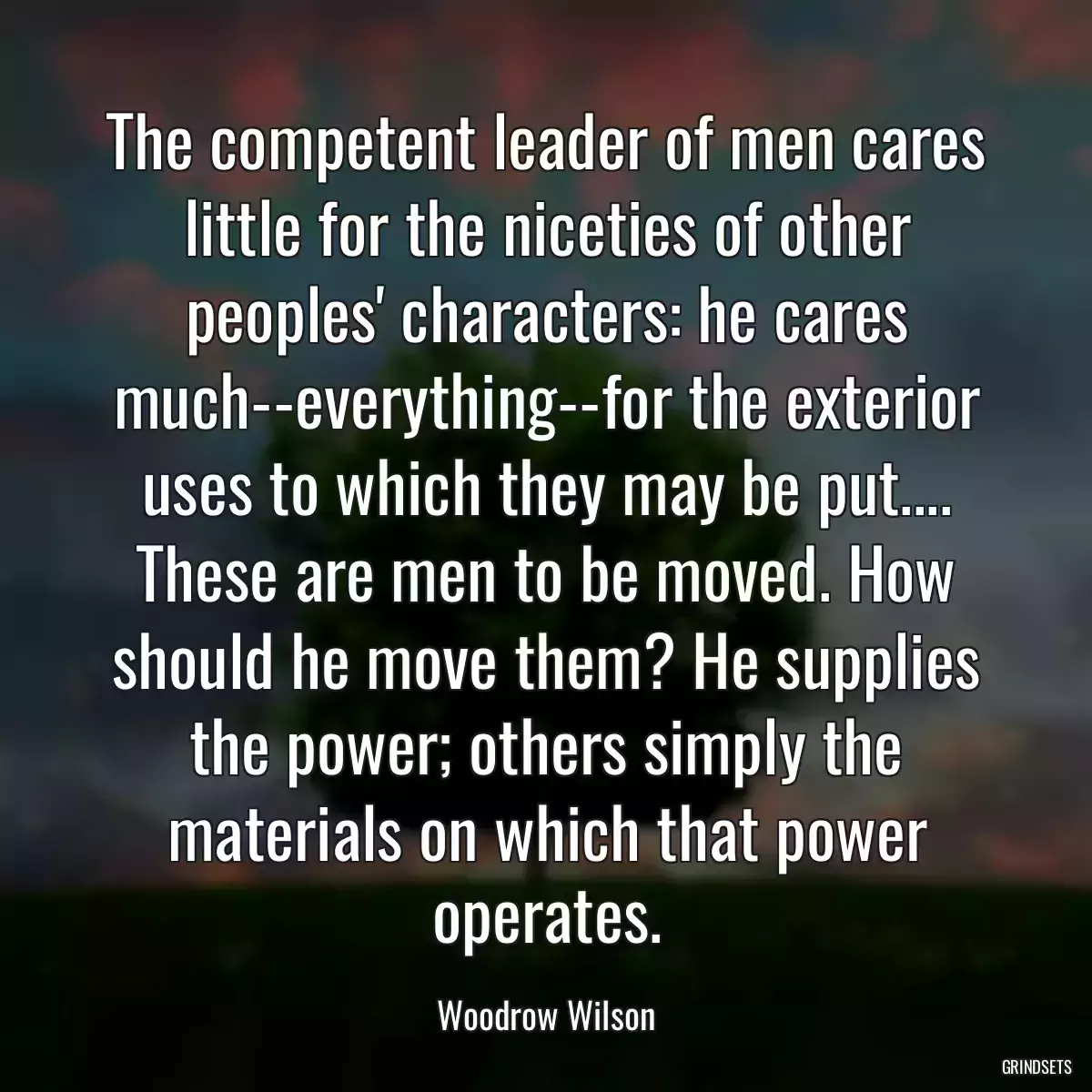 The competent leader of men cares little for the niceties of other peoples\' characters: he cares much--everything--for the exterior uses to which they may be put.... These are men to be moved. How should he move them? He supplies the power; others simply the materials on which that power operates.