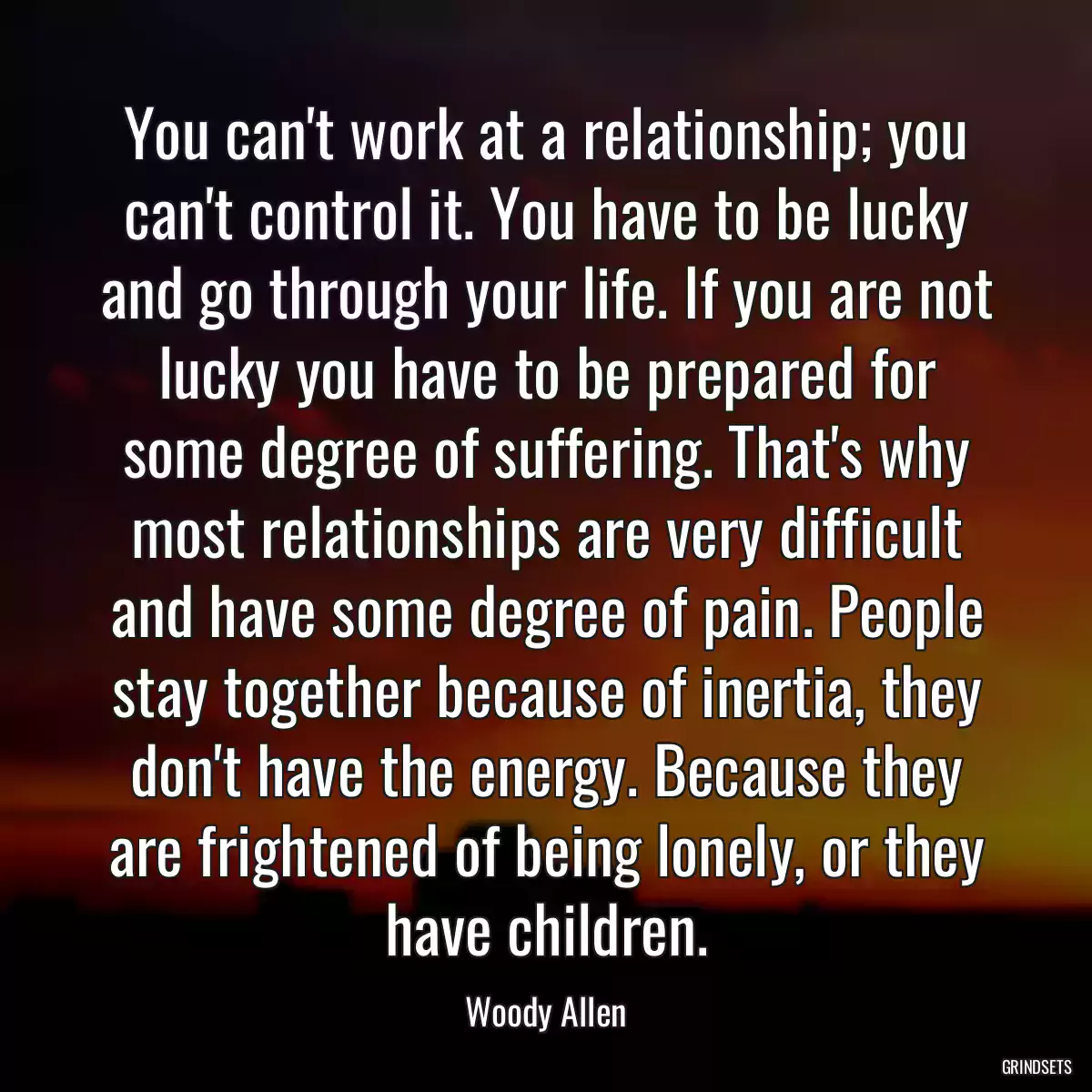 You can\'t work at a relationship; you can\'t control it. You have to be lucky and go through your life. If you are not lucky you have to be prepared for some degree of suffering. That\'s why most relationships are very difficult and have some degree of pain. People stay together because of inertia, they don\'t have the energy. Because they are frightened of being lonely, or they have children.