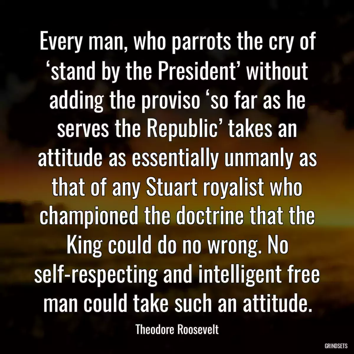 Every man, who parrots the cry of ‘stand by the President’ without adding the proviso ‘so far as he serves the Republic’ takes an attitude as essentially unmanly as that of any Stuart royalist who championed the doctrine that the King could do no wrong. No self-respecting and intelligent free man could take such an attitude.