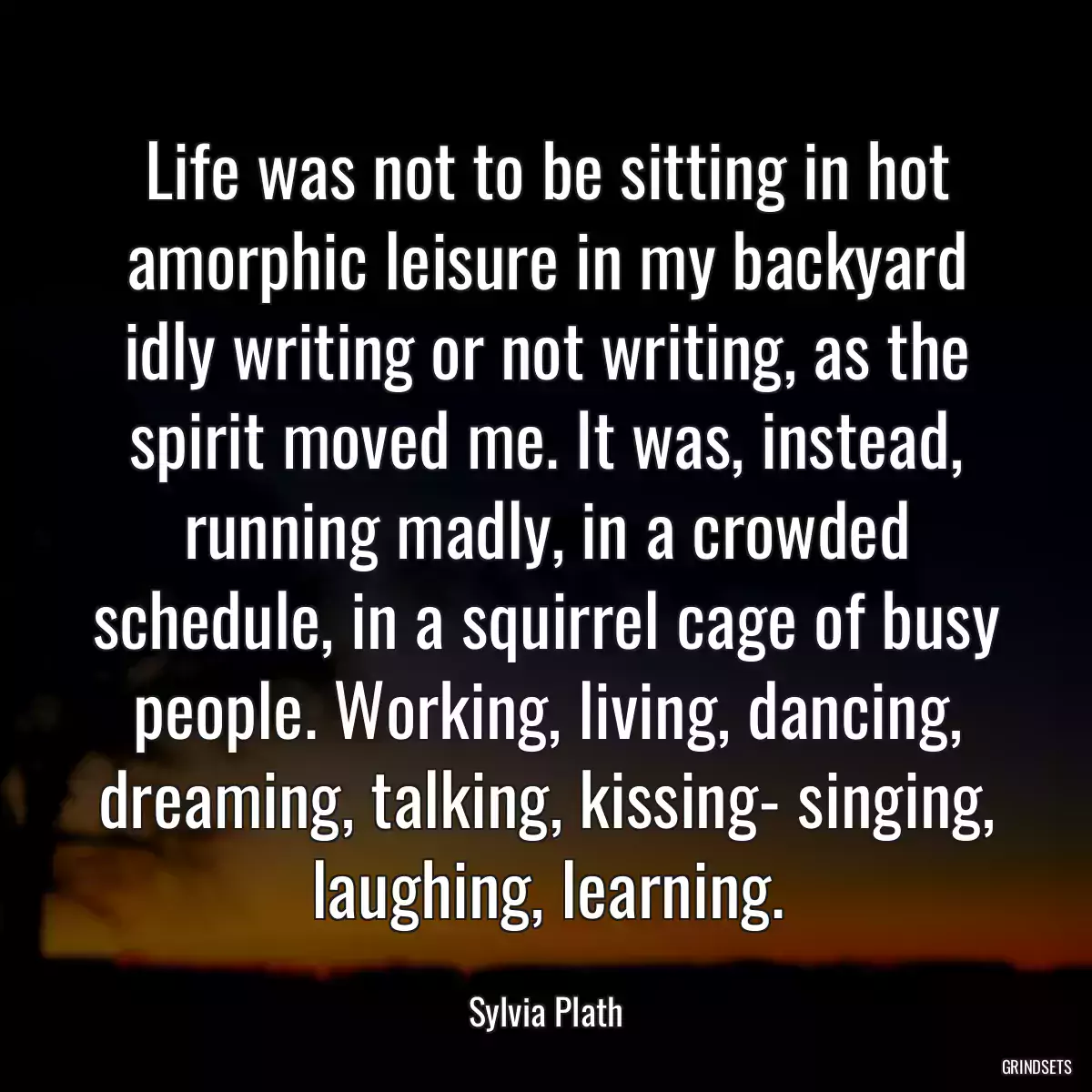 Life was not to be sitting in hot amorphic leisure in my backyard idly writing or not writing, as the spirit moved me. It was, instead, running madly, in a crowded schedule, in a squirrel cage of busy people. Working, living, dancing, dreaming, talking, kissing- singing, laughing, learning.