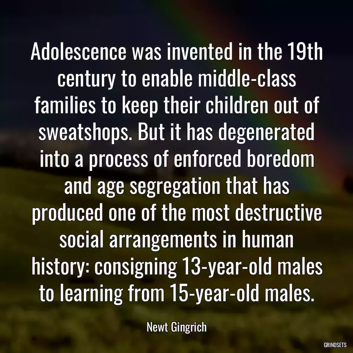 Adolescence was invented in the 19th century to enable middle-class families to keep their children out of sweatshops. But it has degenerated into a process of enforced boredom and age segregation that has produced one of the most destructive social arrangements in human history: consigning 13-year-old males to learning from 15-year-old males.