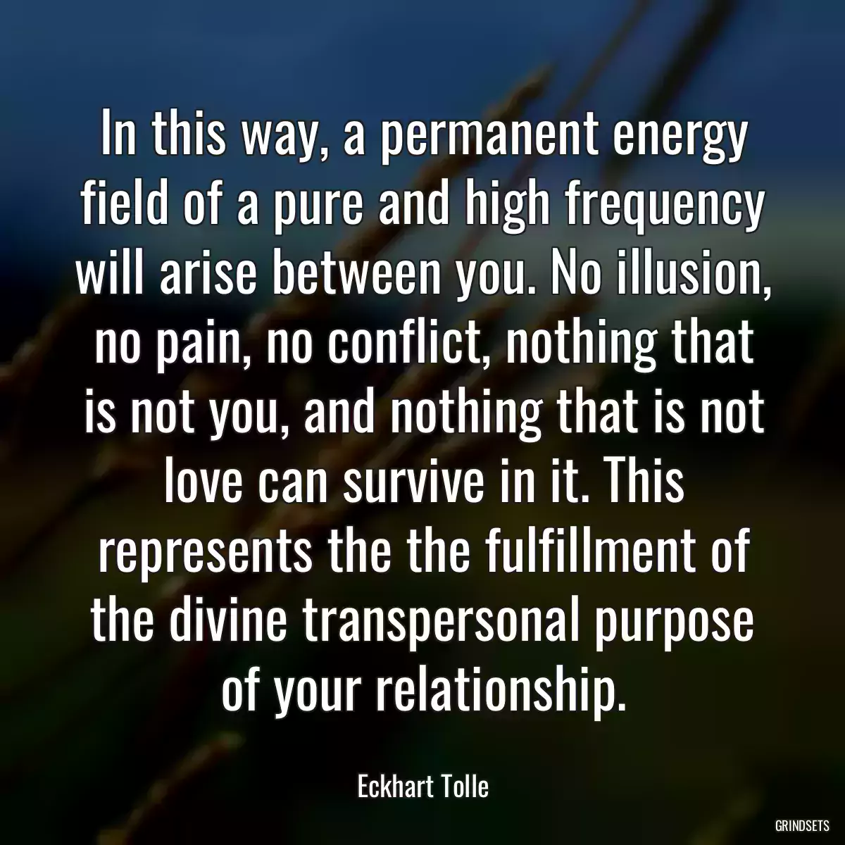 In this way, a permanent energy field of a pure and high frequency will arise between you. No illusion, no pain, no conflict, nothing that is not you, and nothing that is not love can survive in it. This represents the the fulfillment of the divine transpersonal purpose of your relationship.