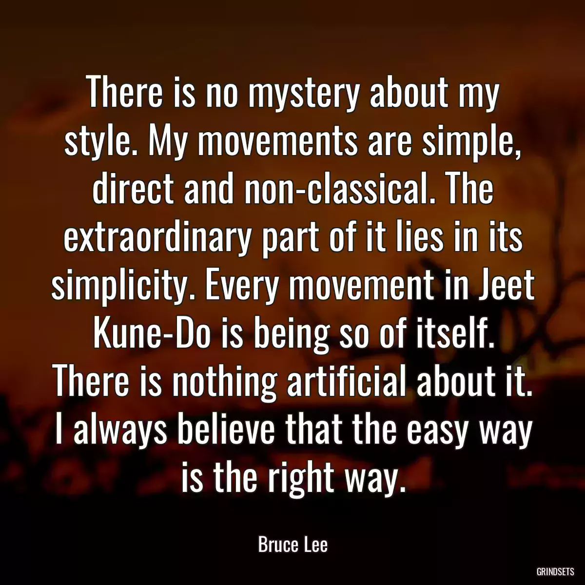 There is no mystery about my style. My movements are simple, direct and non-classical. The extraordinary part of it lies in its simplicity. Every movement in Jeet Kune-Do is being so of itself. There is nothing artificial about it. I always believe that the easy way is the right way.