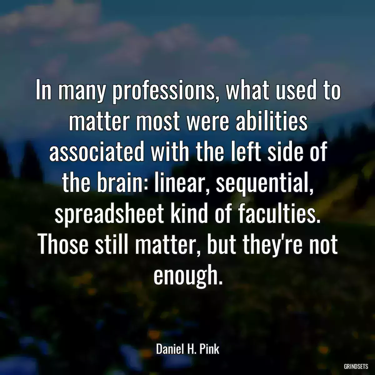 In many professions, what used to matter most were abilities associated with the left side of the brain: linear, sequential, spreadsheet kind of faculties. Those still matter, but they\'re not enough.