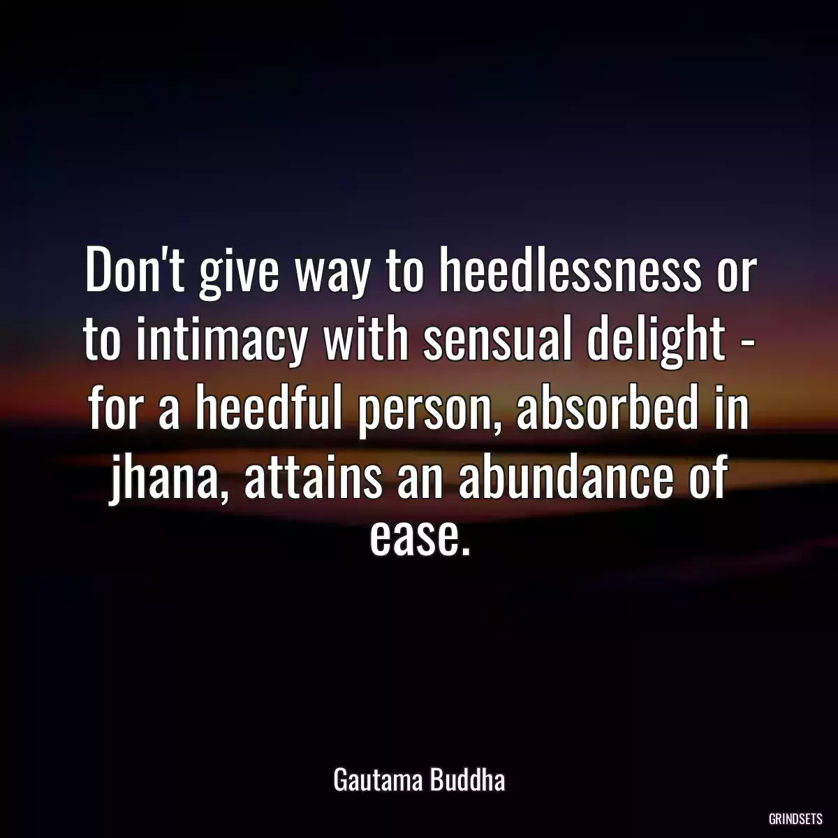 Don\'t give way to heedlessness or to intimacy with sensual delight - for a heedful person, absorbed in jhana, attains an abundance of ease.