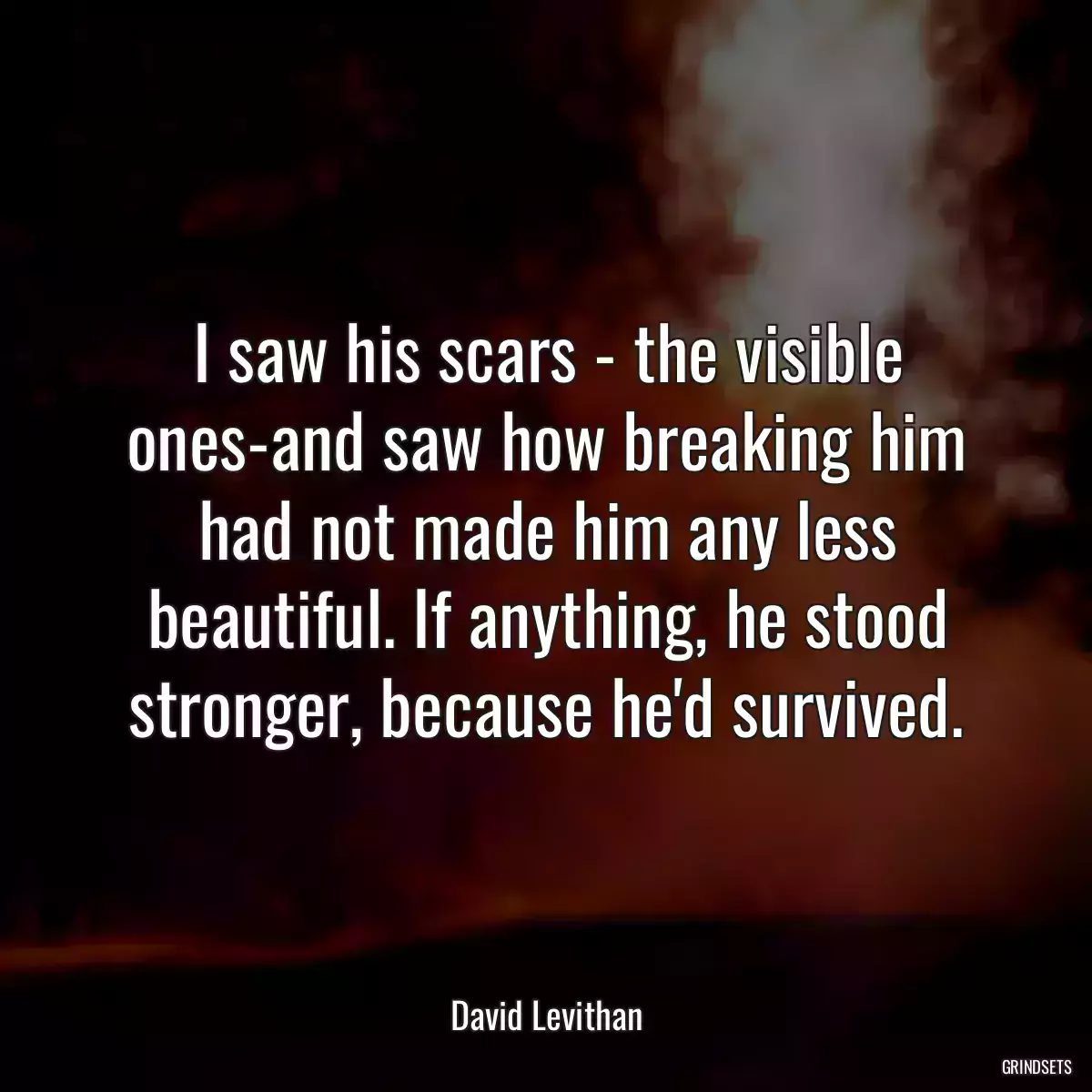 I saw his scars - the visible ones-and saw how breaking him had not made him any less beautiful. If anything, he stood stronger, because he\'d survived.