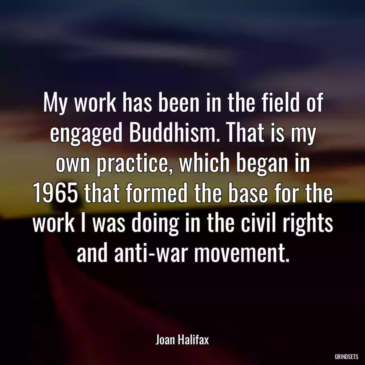 My work has been in the field of engaged Buddhism. That is my own practice, which began in 1965 that formed the base for the work I was doing in the civil rights and anti-war movement.