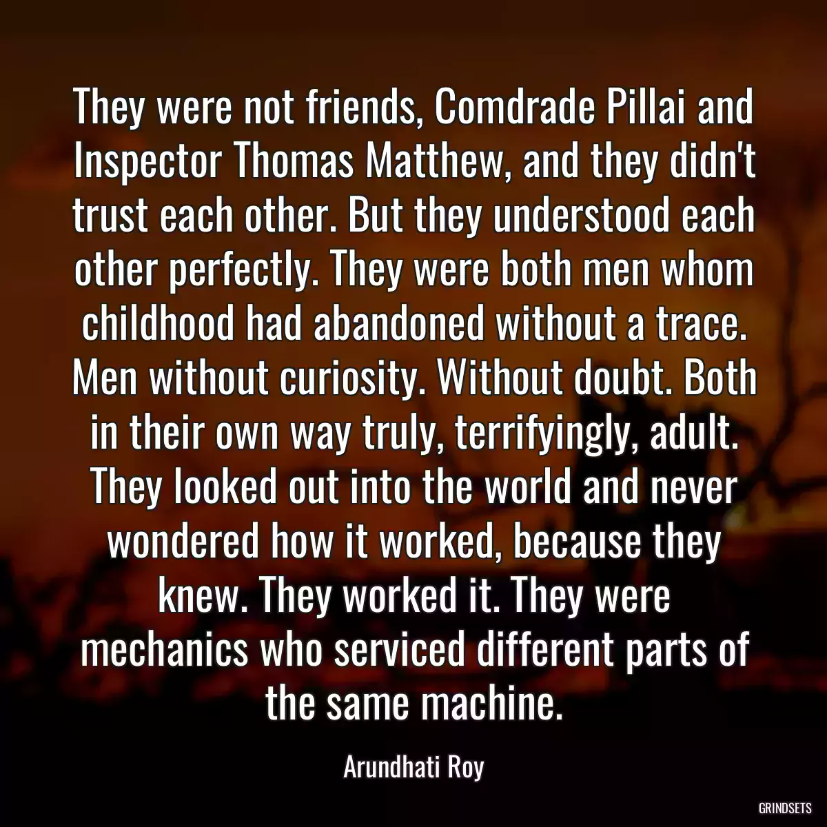 They were not friends, Comdrade Pillai and Inspector Thomas Matthew, and they didn\'t trust each other. But they understood each other perfectly. They were both men whom childhood had abandoned without a trace. Men without curiosity. Without doubt. Both in their own way truly, terrifyingly, adult. They looked out into the world and never wondered how it worked, because they knew. They worked it. They were mechanics who serviced different parts of the same machine.