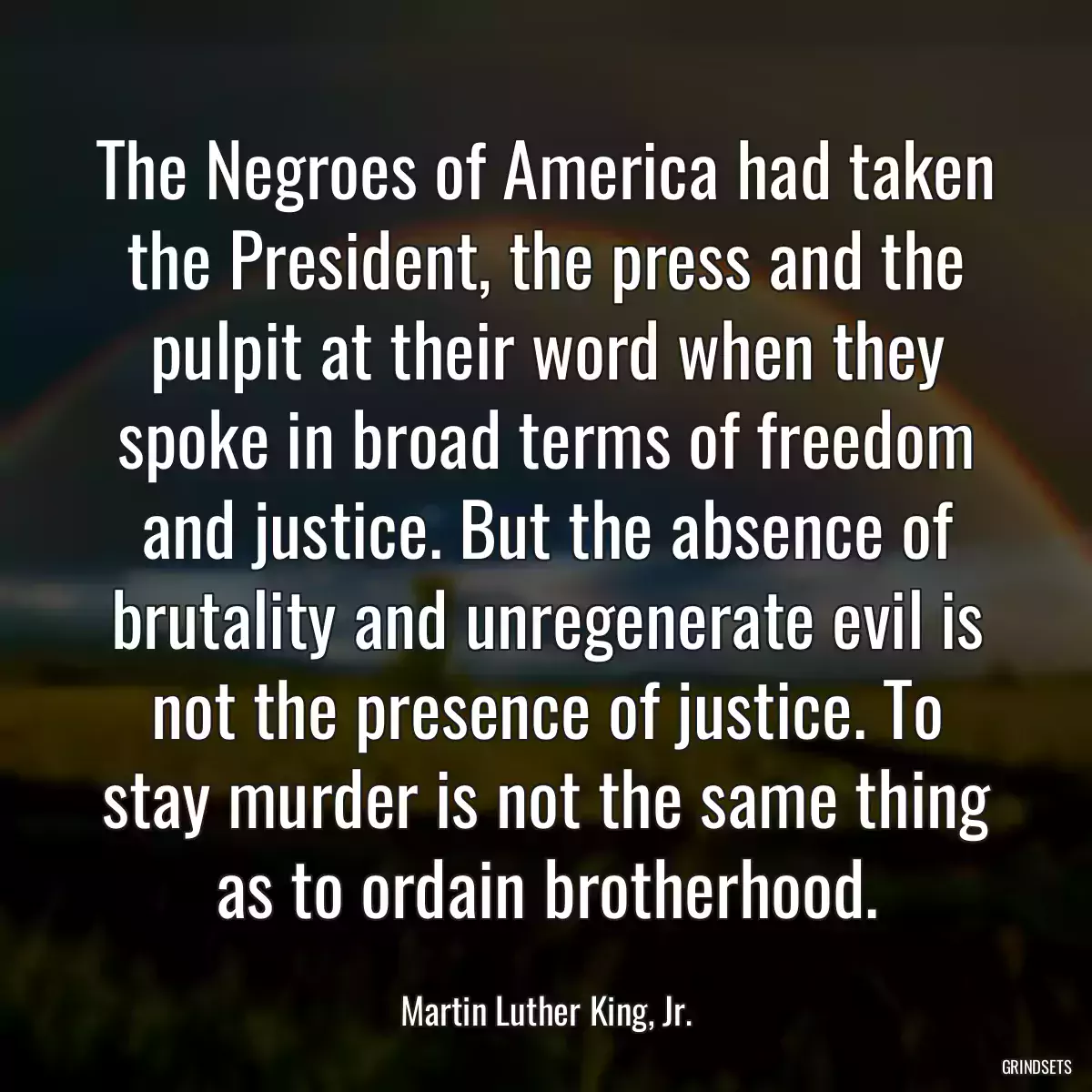 The Negroes of America had taken the President, the press and the pulpit at their word when they spoke in broad terms of freedom and justice. But the absence of brutality and unregenerate evil is not the presence of justice. To stay murder is not the same thing as to ordain brotherhood.