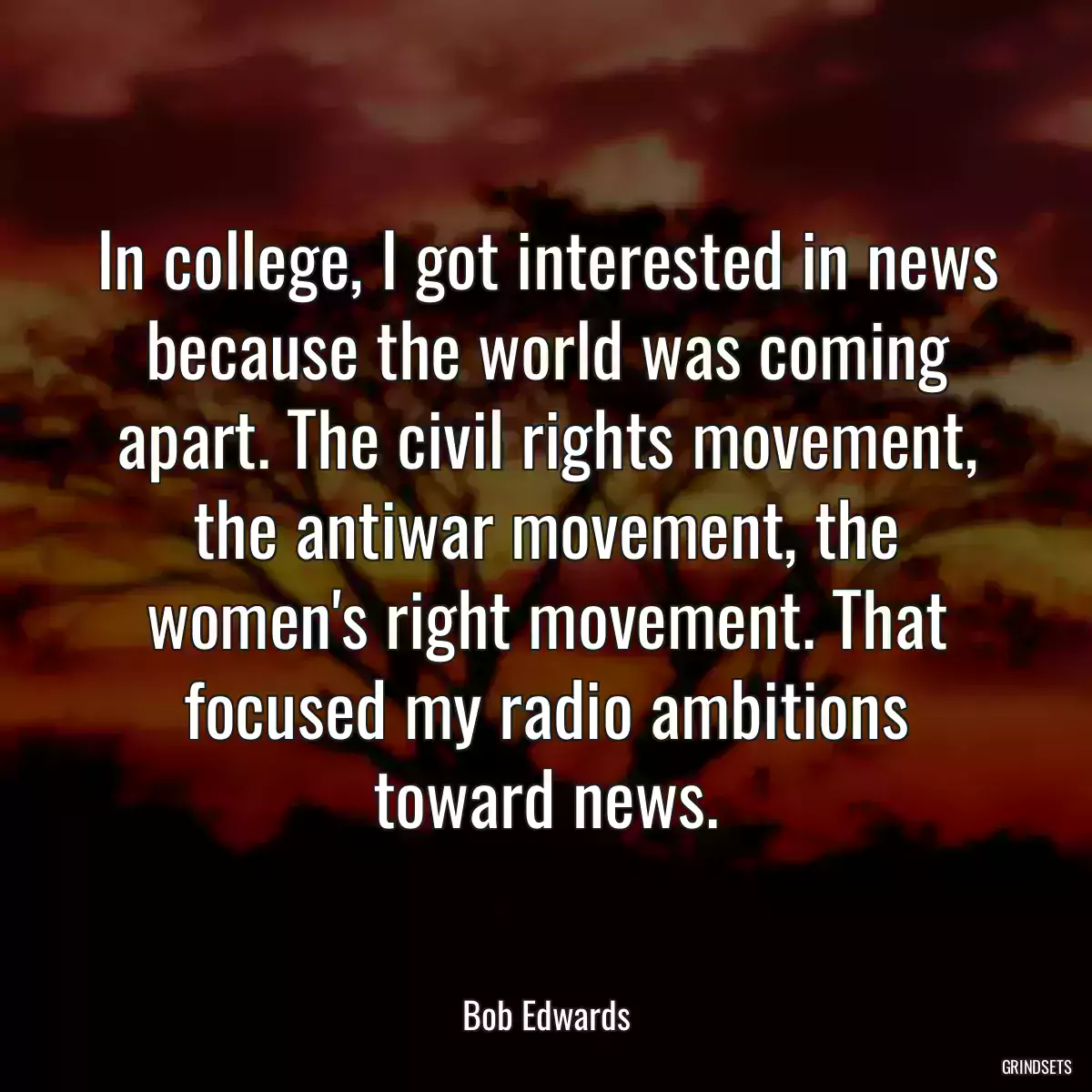 In college, I got interested in news because the world was coming apart. The civil rights movement, the antiwar movement, the women\'s right movement. That focused my radio ambitions toward news.