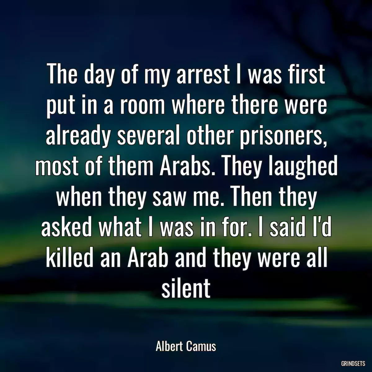 The day of my arrest I was first put in a room where there were already several other prisoners, most of them Arabs. They laughed when they saw me. Then they asked what I was in for. I said I\'d killed an Arab and they were all silent