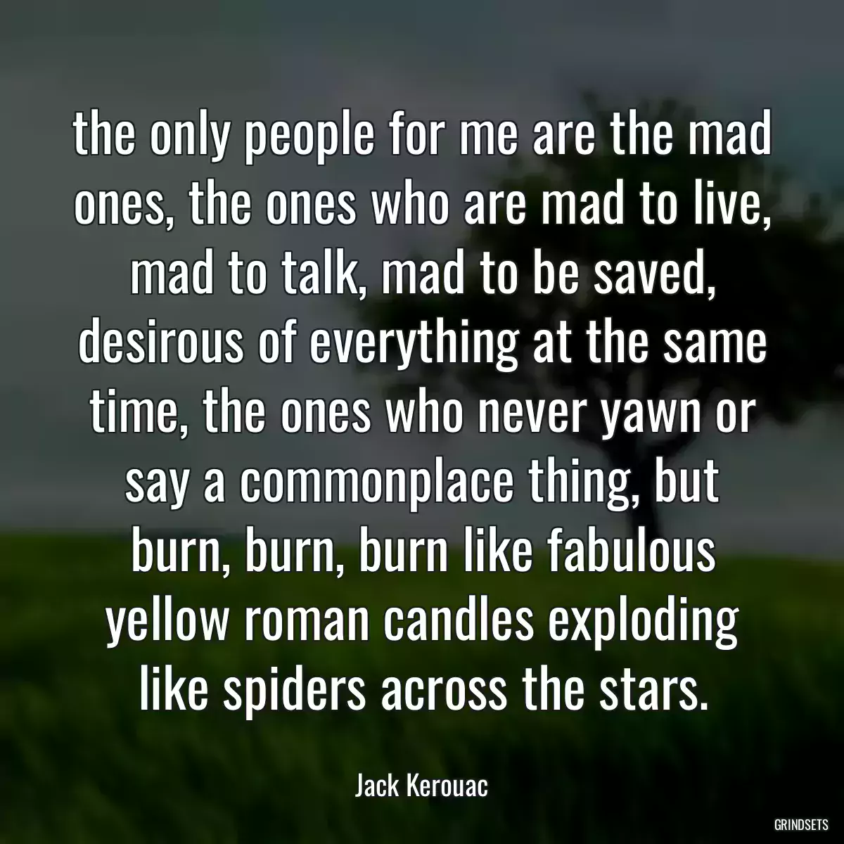 the only people for me are the mad ones, the ones who are mad to live, mad to talk, mad to be saved, desirous of everything at the same time, the ones who never yawn or say a commonplace thing, but burn, burn, burn like fabulous yellow roman candles exploding like spiders across the stars.