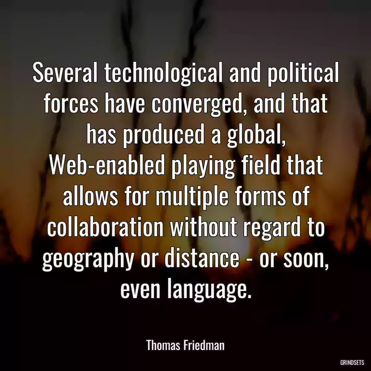 Several technological and political forces have converged, and that has produced a global, Web-enabled playing field that allows for multiple forms of collaboration without regard to geography or distance - or soon, even language.