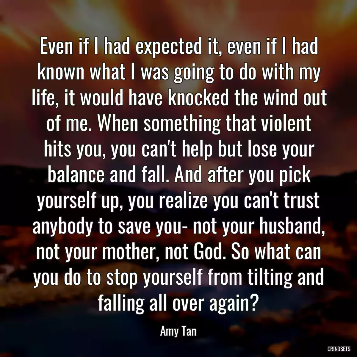 Even if I had expected it, even if I had known what I was going to do with my life, it would have knocked the wind out of me. When something that violent hits you, you can\'t help but lose your balance and fall. And after you pick yourself up, you realize you can\'t trust anybody to save you- not your husband, not your mother, not God. So what can you do to stop yourself from tilting and falling all over again?