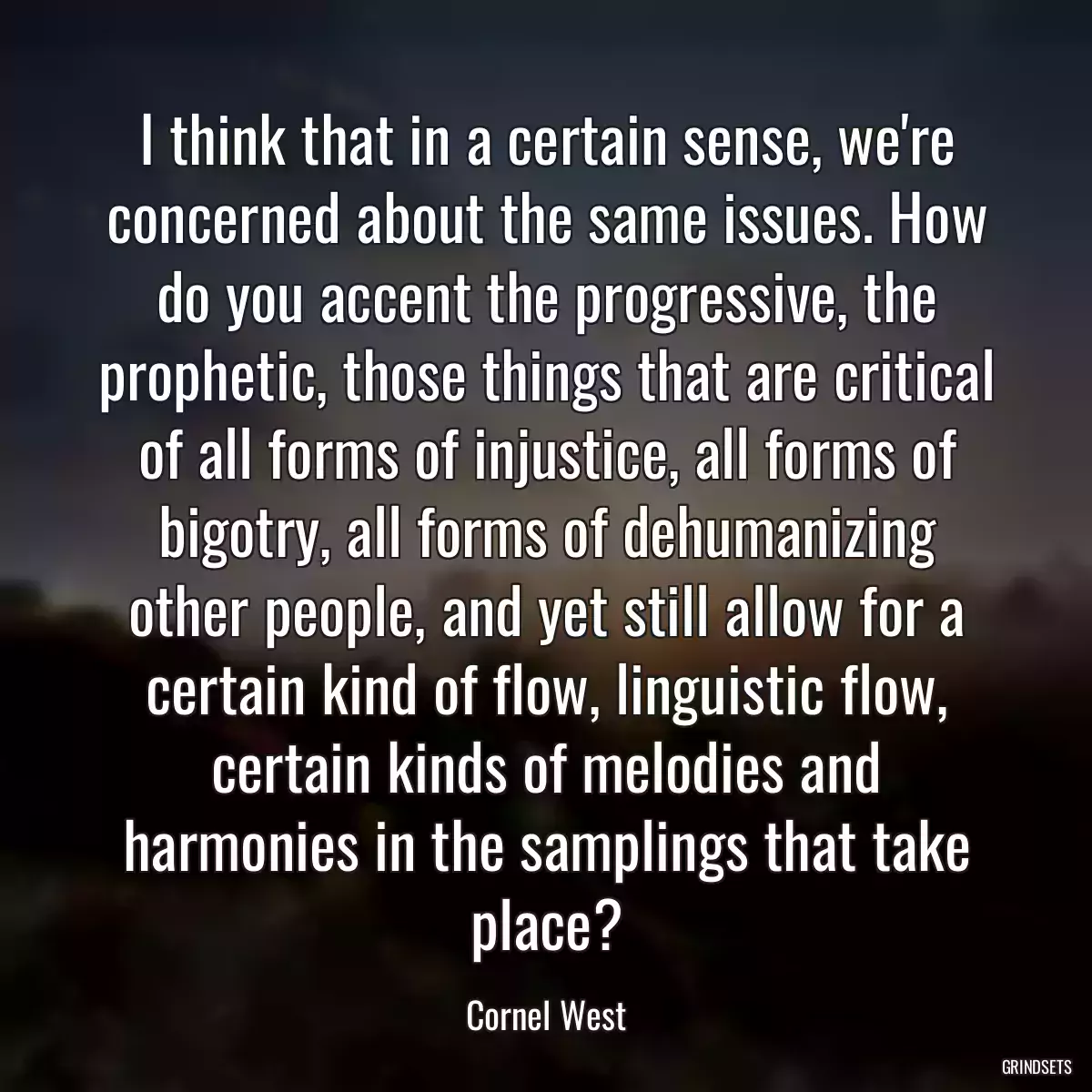 I think that in a certain sense, we\'re concerned about the same issues. How do you accent the progressive, the prophetic, those things that are critical of all forms of injustice, all forms of bigotry, all forms of dehumanizing other people, and yet still allow for a certain kind of flow, linguistic flow, certain kinds of melodies and harmonies in the samplings that take place?