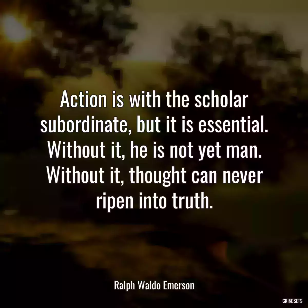 Action is with the scholar subordinate, but it is essential. Without it, he is not yet man. Without it, thought can never ripen into truth.