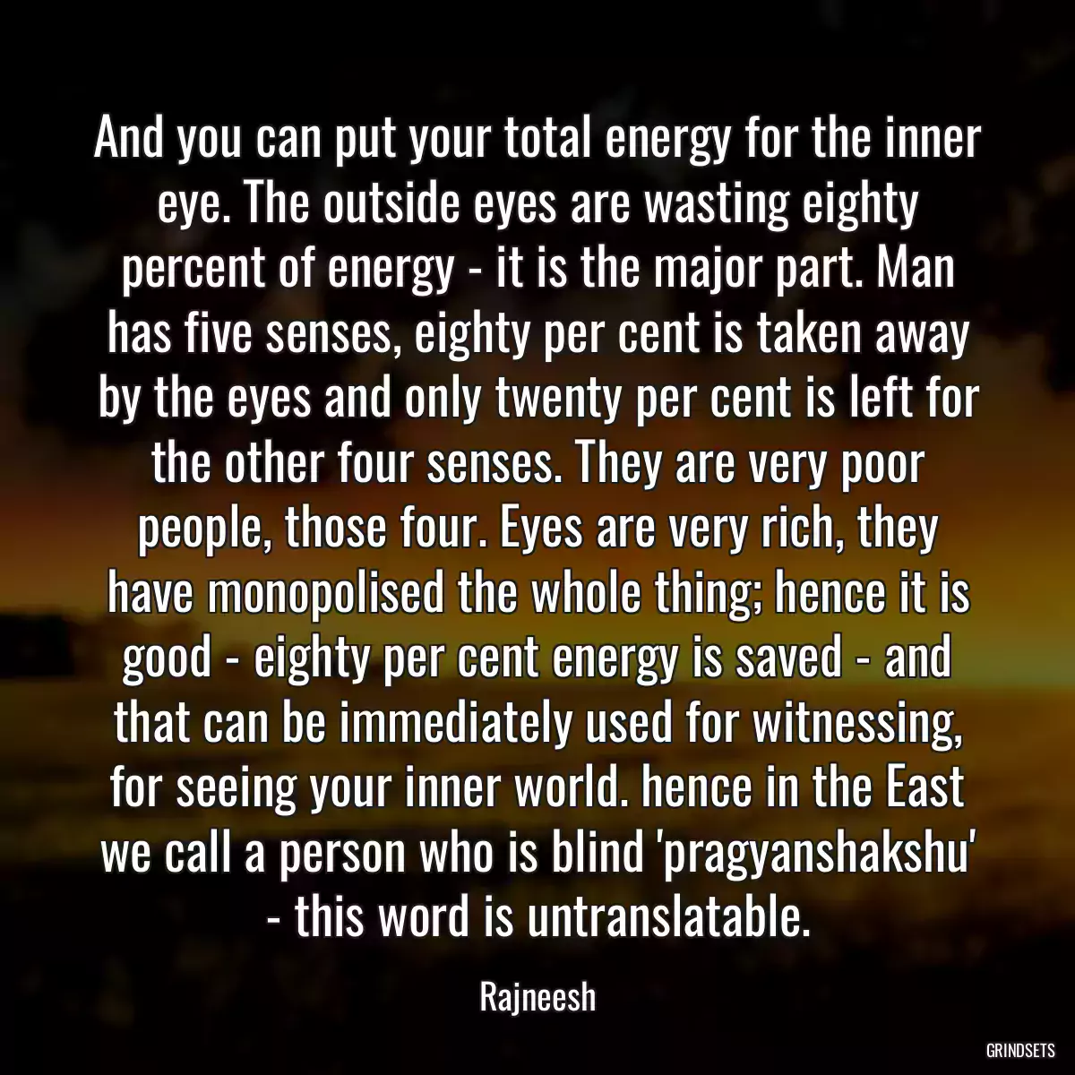 And you can put your total energy for the inner eye. The outside eyes are wasting eighty percent of energy - it is the major part. Man has five senses, eighty per cent is taken away by the eyes and only twenty per cent is left for the other four senses. They are very poor people, those four. Eyes are very rich, they have monopolised the whole thing; hence it is good - eighty per cent energy is saved - and that can be immediately used for witnessing, for seeing your inner world. hence in the East we call a person who is blind \'pragyanshakshu\' - this word is untranslatable.